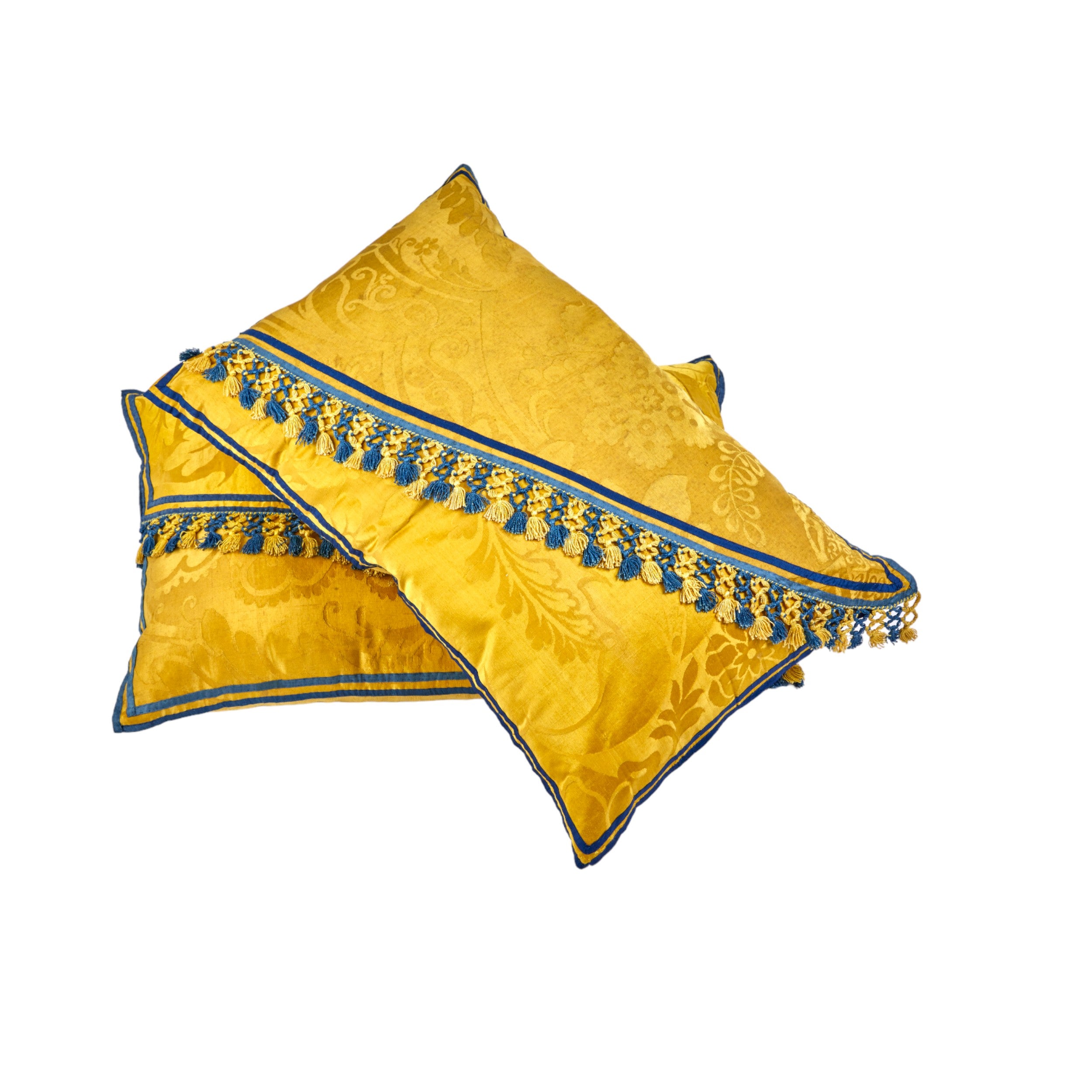 A Pair of Cushions made from Vivid 19th Century Silk Damask with Original Tassel Decoration