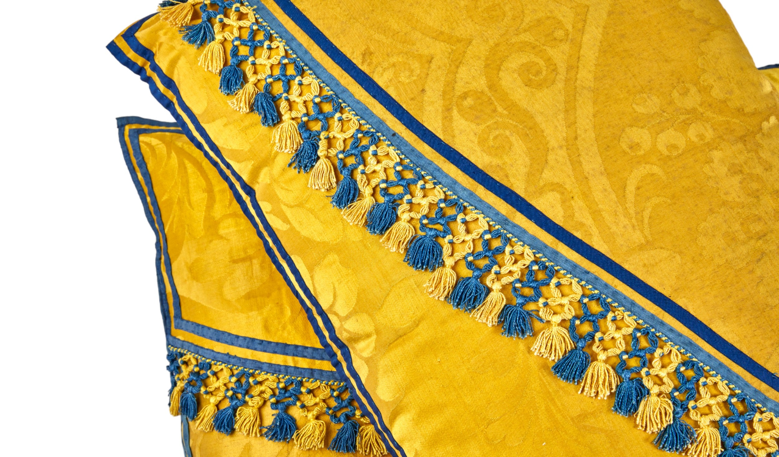 A Pair of Cushions made from Vivid 19th Century Silk Damask with Original Tassel Decoration