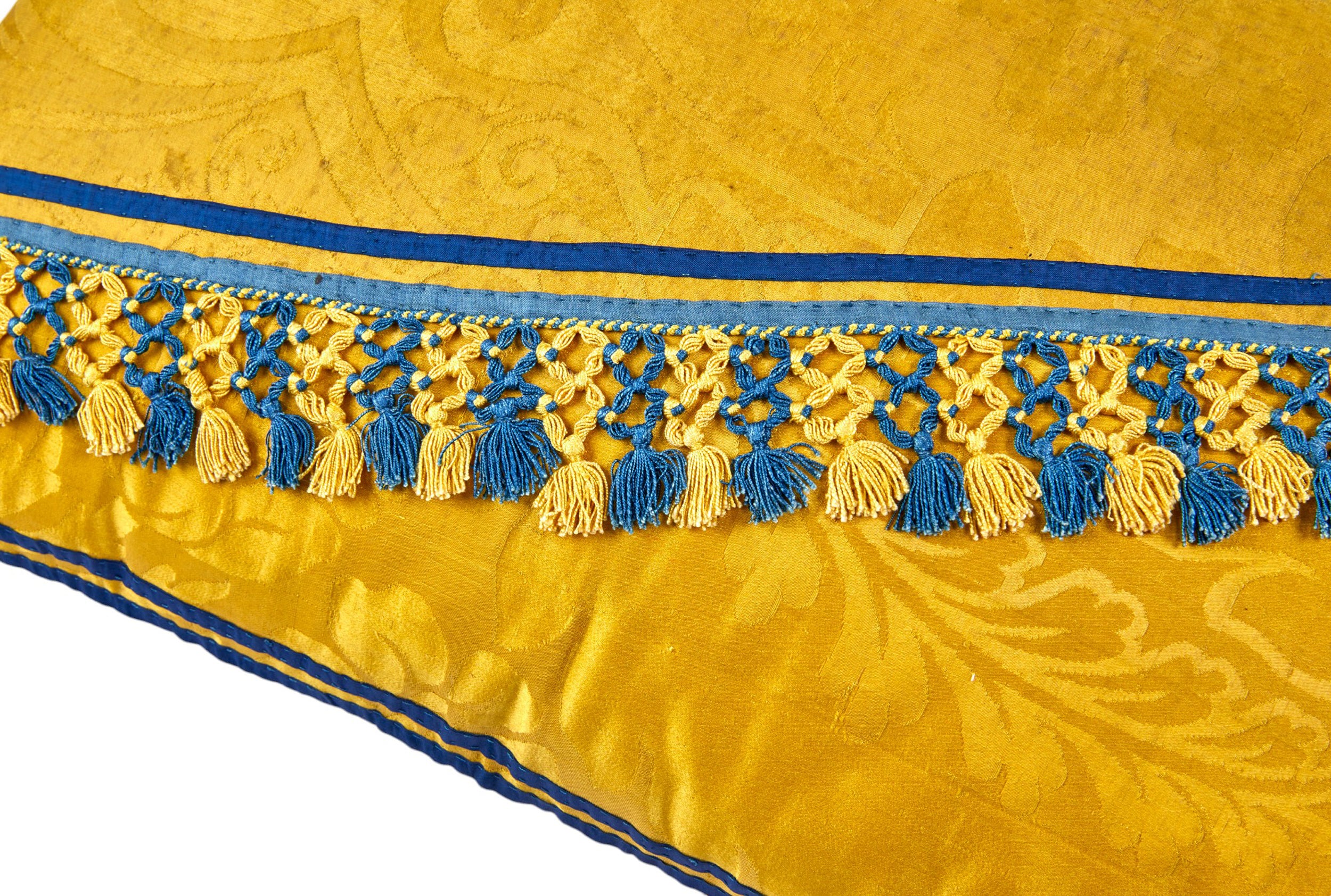 A Pair of Cushions made from Vivid 19th Century Silk Damask with Original Tassel Decoration