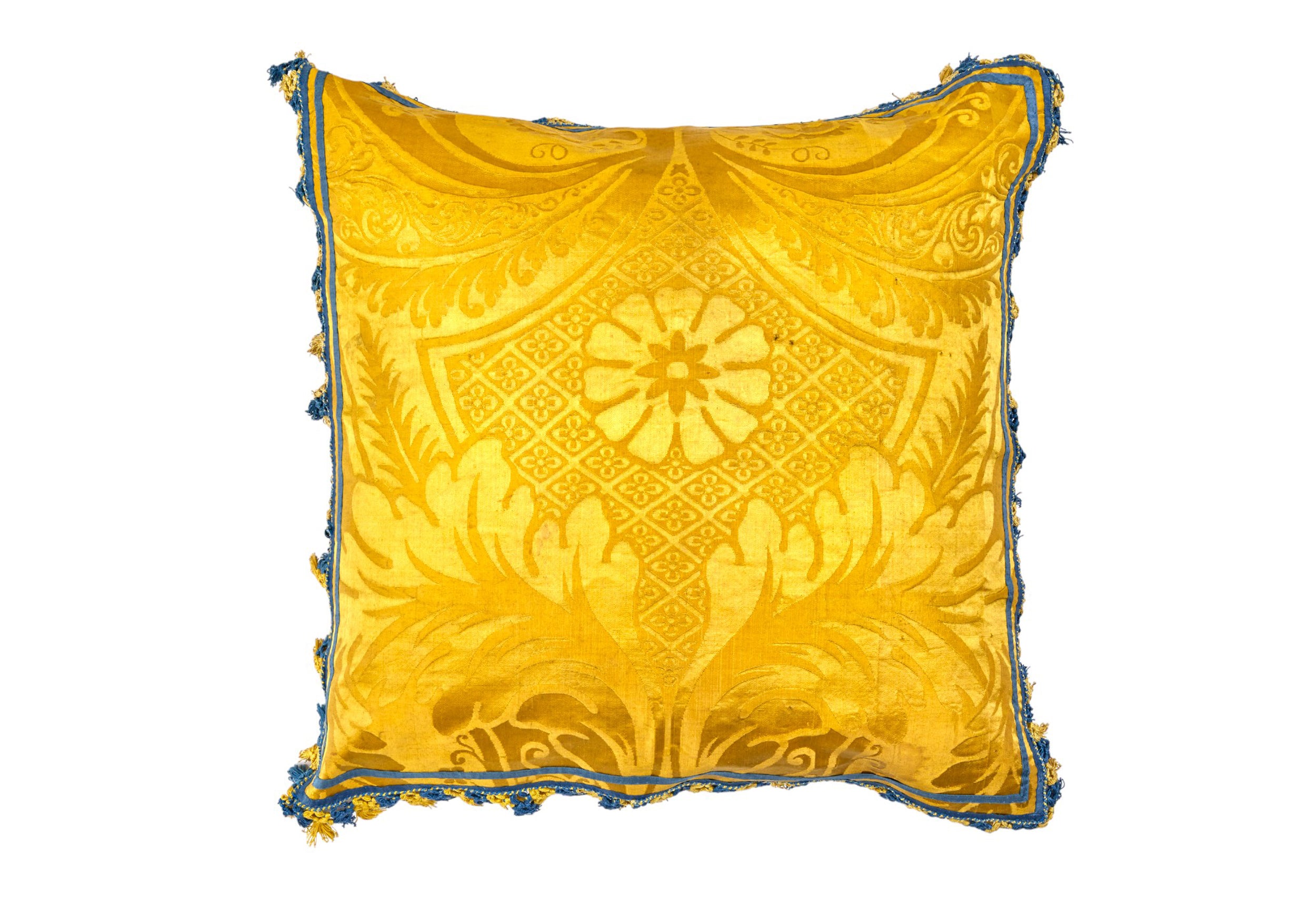 A Pair of Square Vivid Yellow Damask Cushions with Original Tassel Fringe and Binding