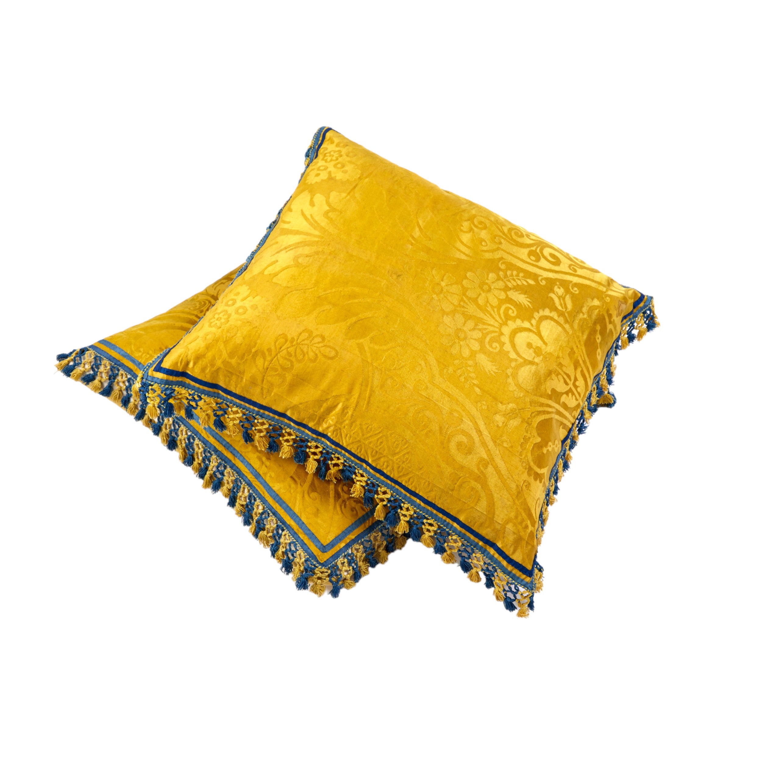 A Pair of Square Vivid Yellow Damask Cushions with Original Tassel Fringe and Binding