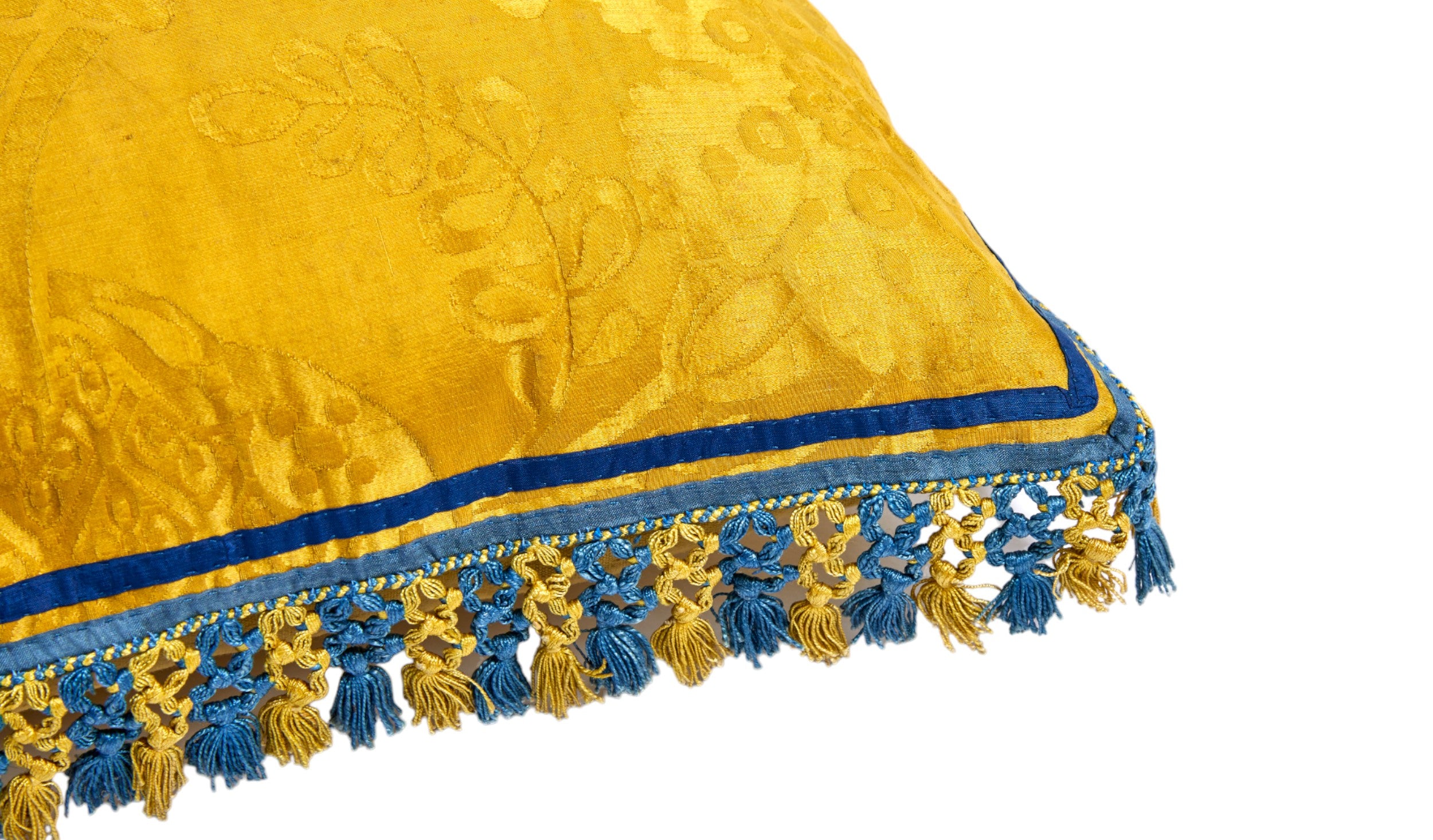 A Pair of Square Vivid Yellow Damask Cushions with Original Tassel Fringe and Binding