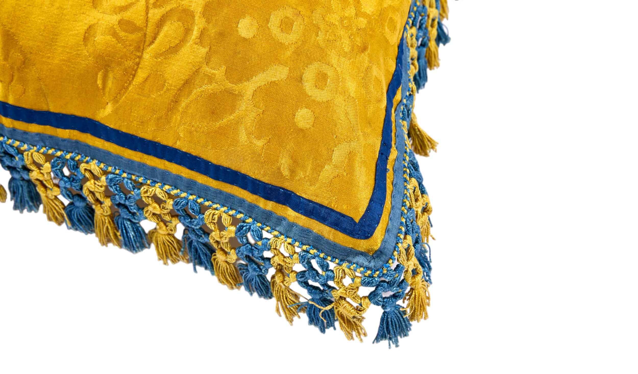 A Pair of Square Vivid Yellow Damask Cushions with Original Tassel Fringe and Binding