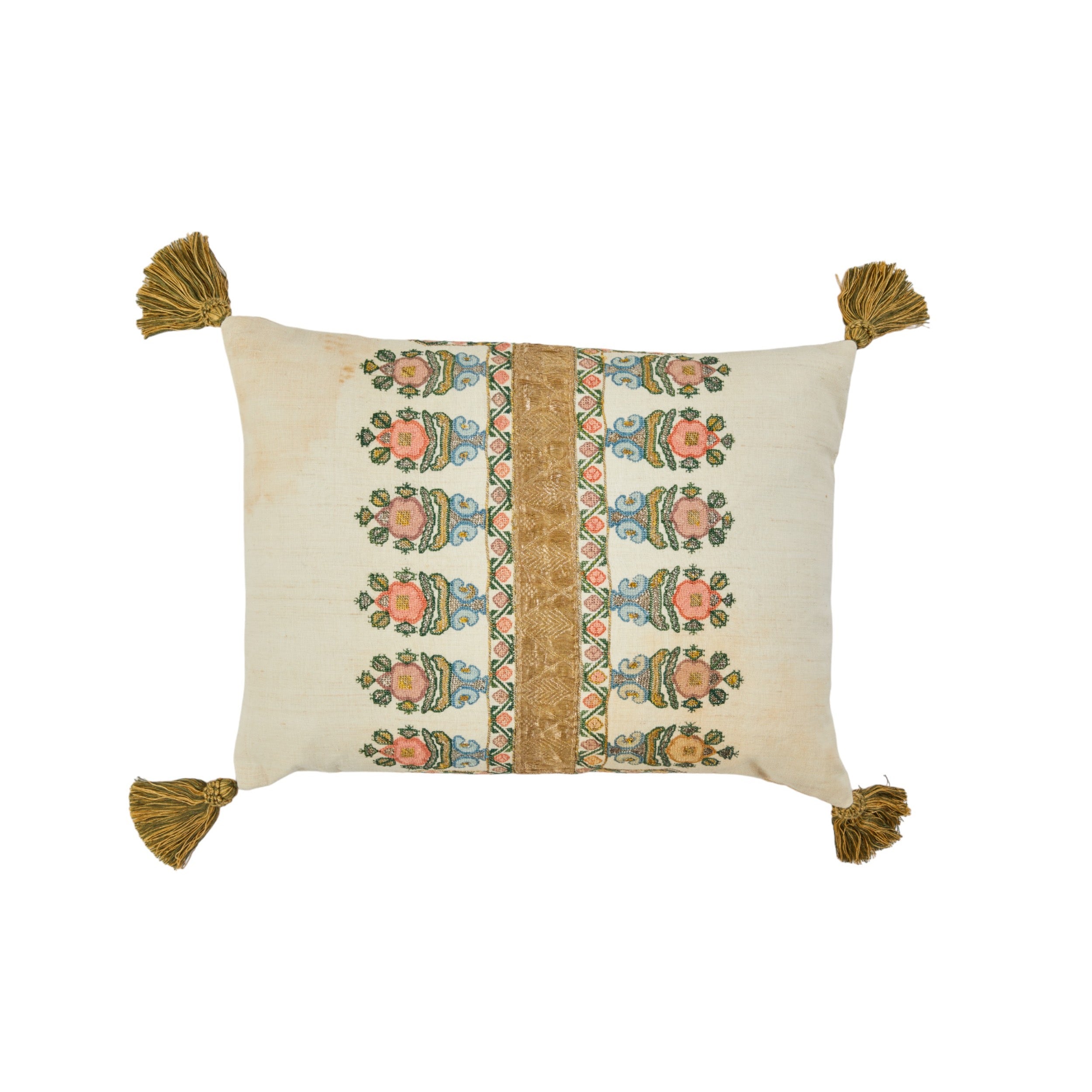 A Cushion made from an Embroidered Ottoman Fragment with Antique Braid and Corner Tassels