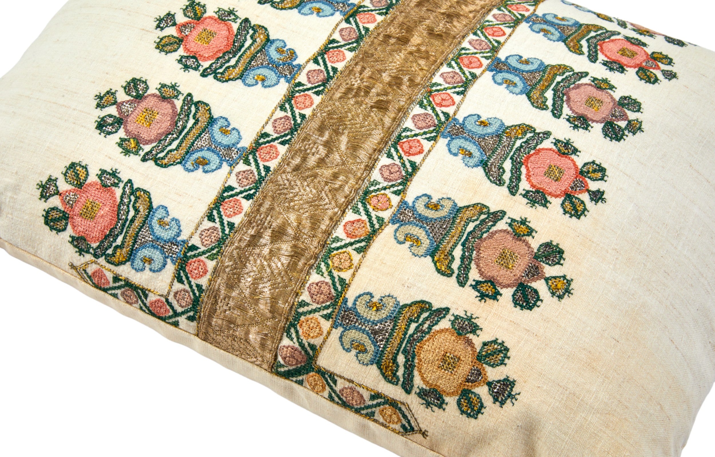 A Cushion made from an Embroidered Ottoman Fragment with Antique Braid and Corner Tassels