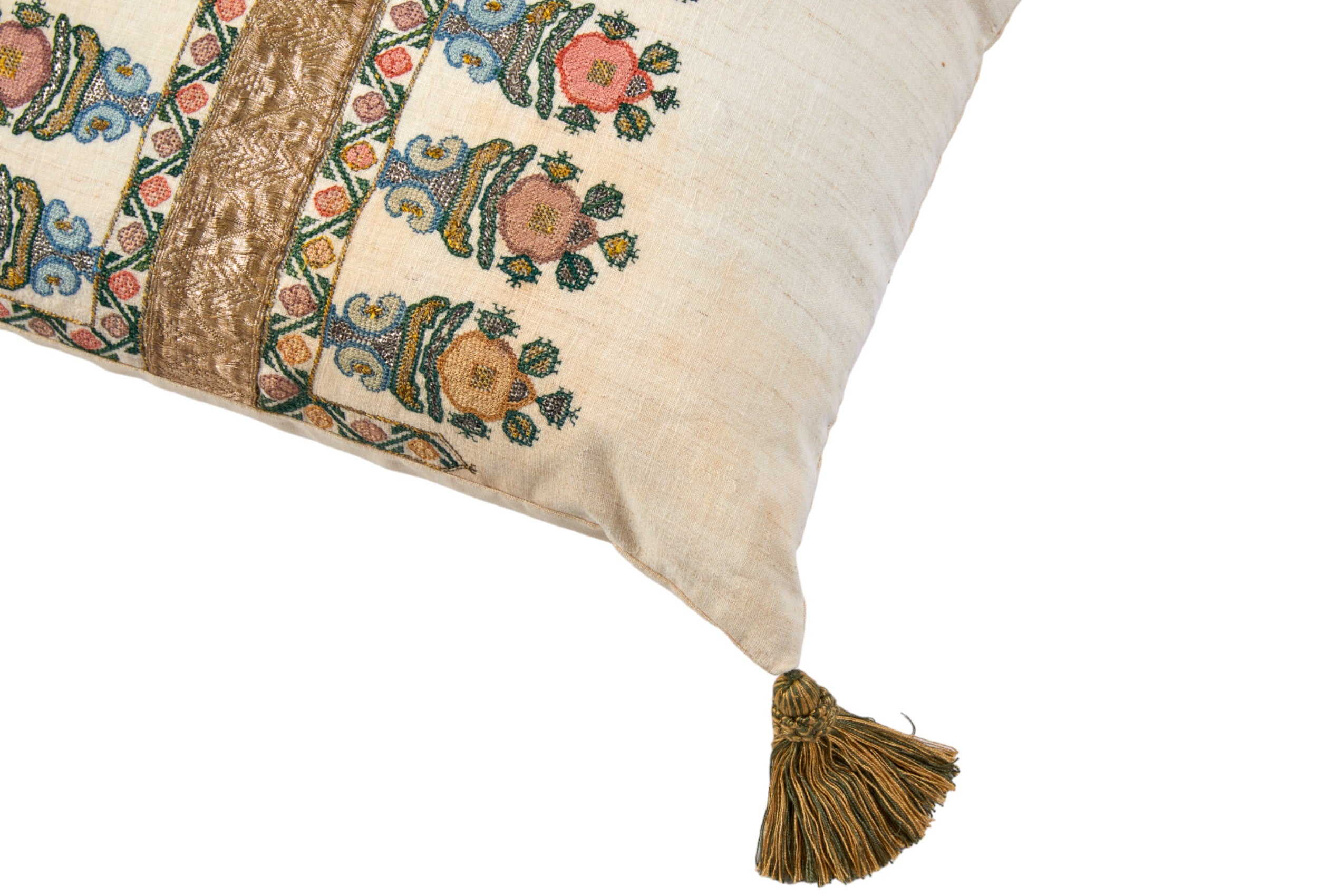 A Cushion made from an Embroidered Ottoman Fragment with Antique Braid and Corner Tassels