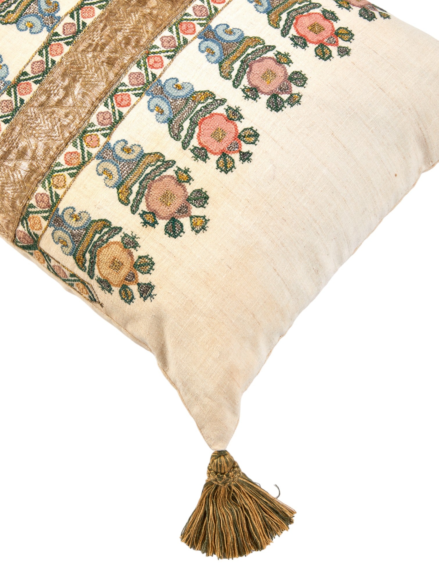 A Cushion made from an Embroidered Ottoman Fragment with Antique Braid and Corner Tassels