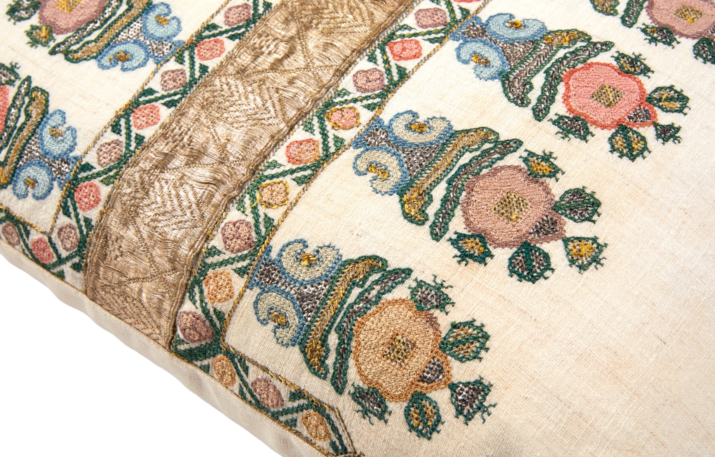 A Cushion made from an Embroidered Ottoman Fragment with Antique Braid and Corner Tassels