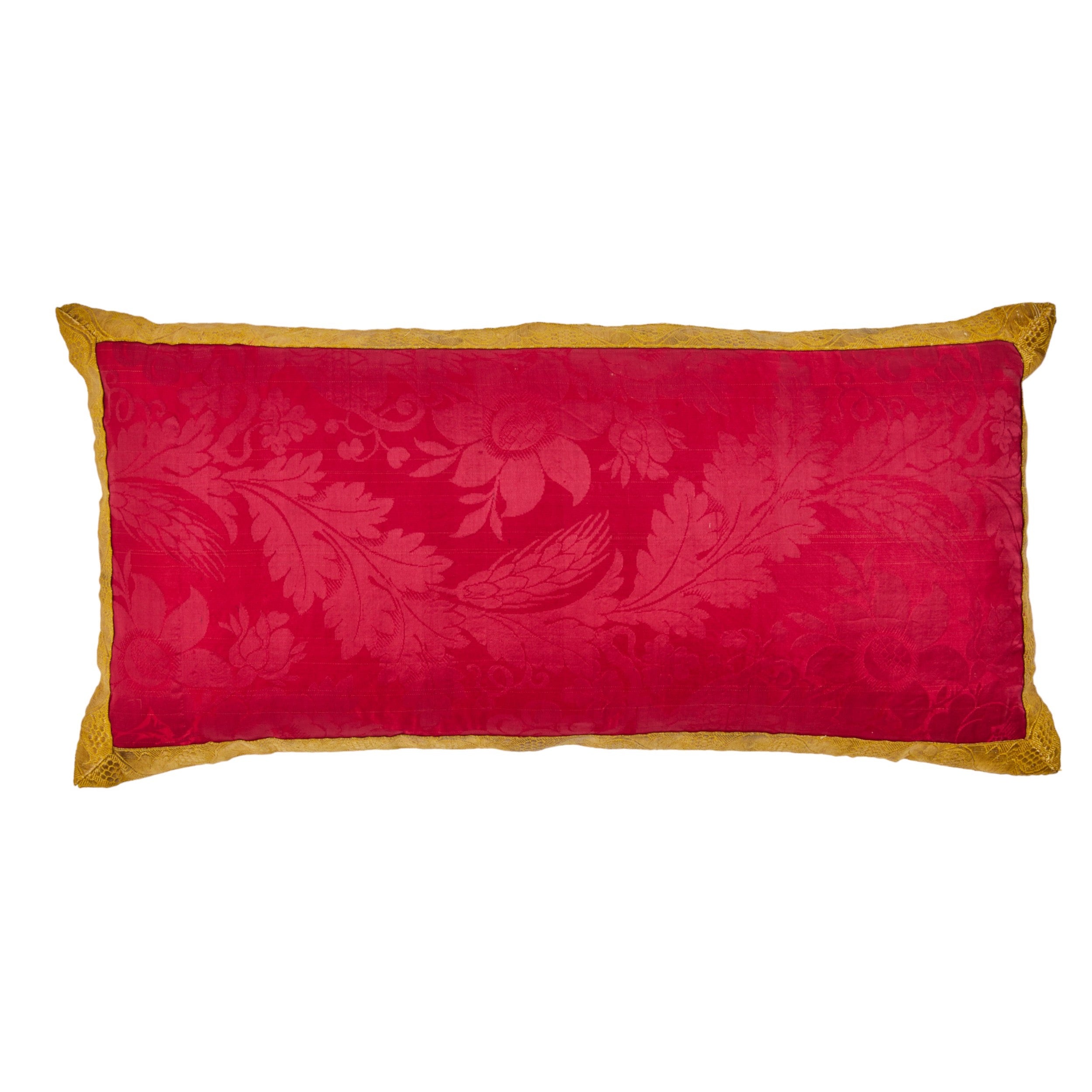 A Pair of Cushions made from an Early 19th Century Magenta Silk Damask with Antique Gold Braid