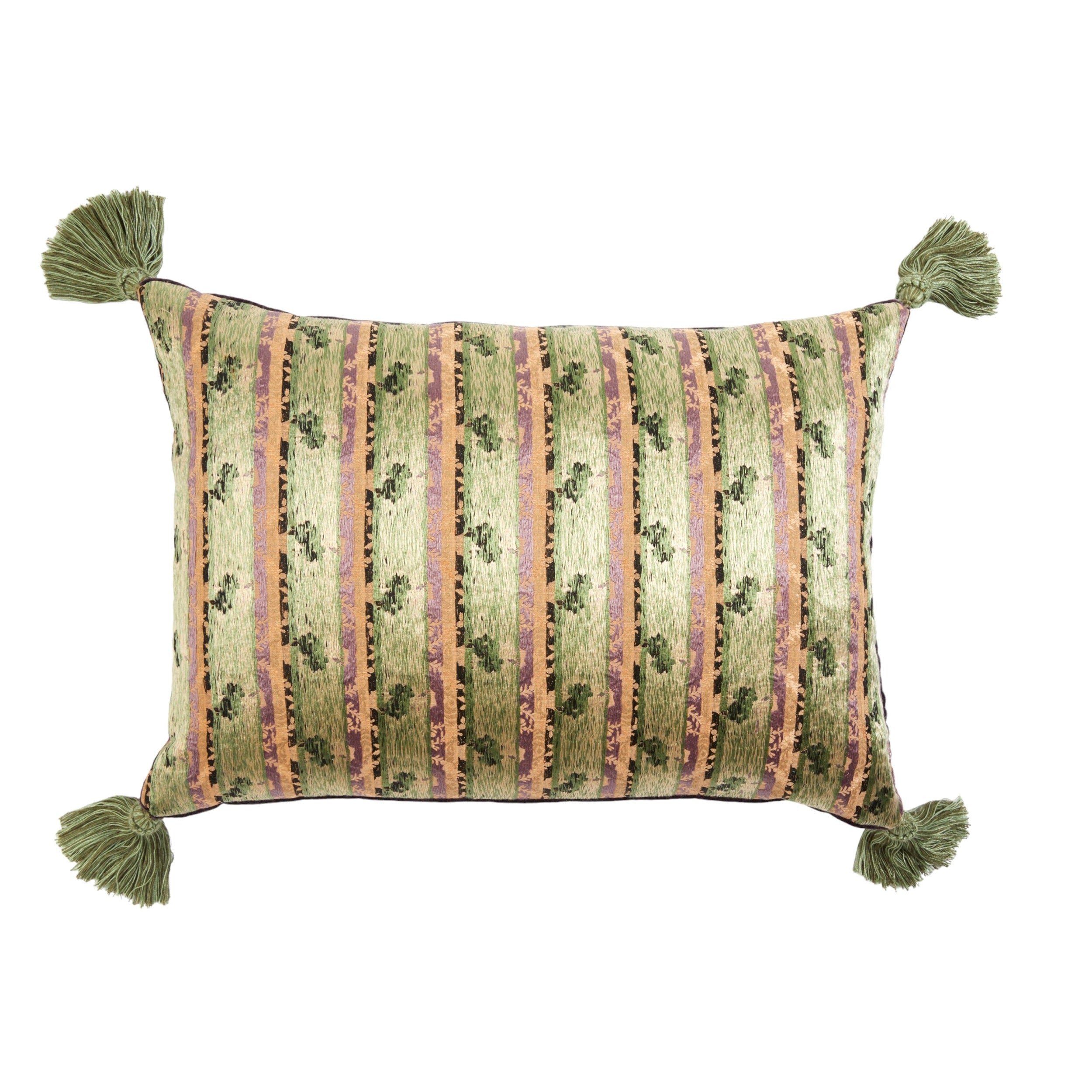 A Pair of Cushions made from a Panel of Silk and Cotton Brocade with Large Italian Silk Tassels