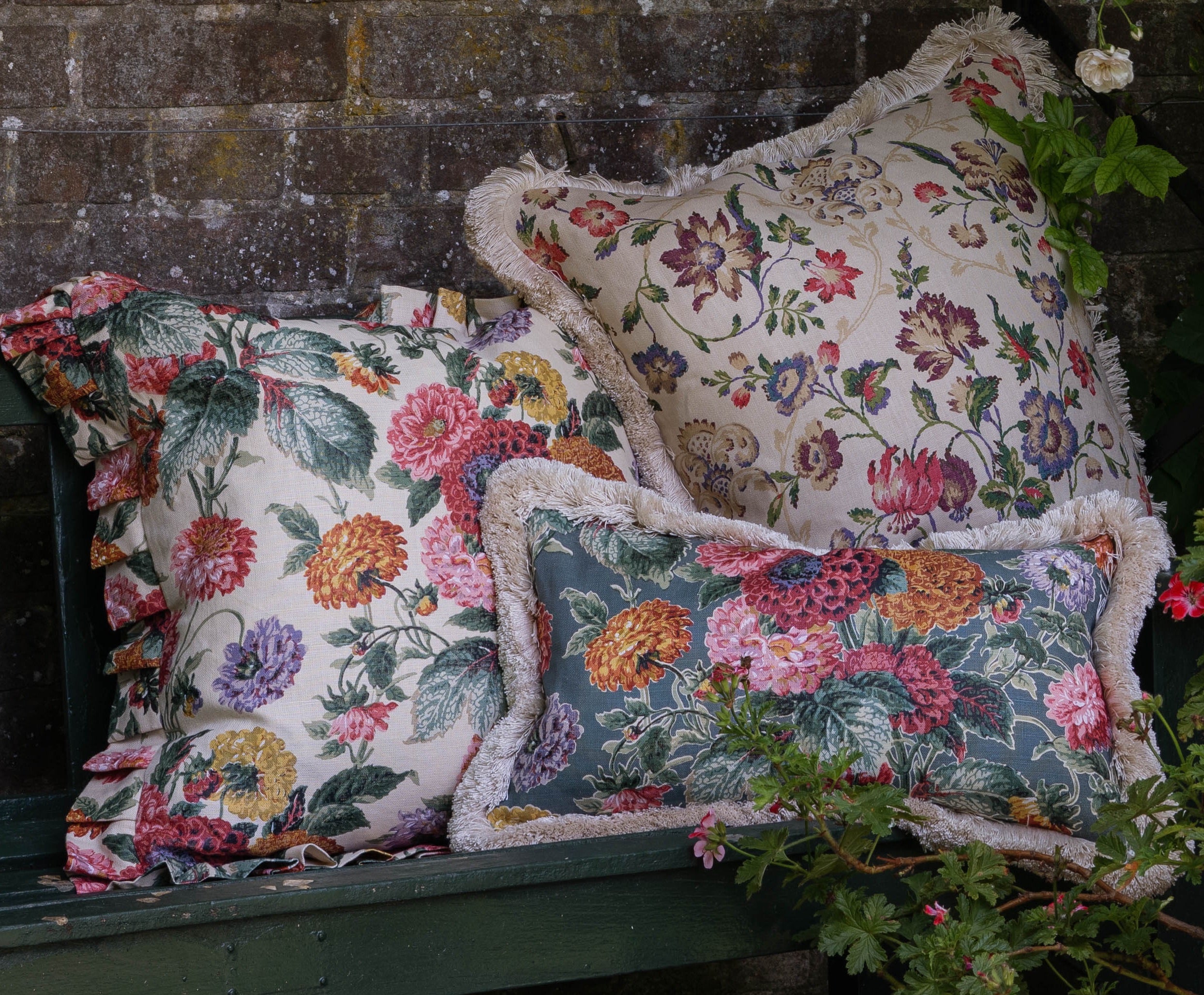 Dahlias Parchment Cushion with a Pleated Frill