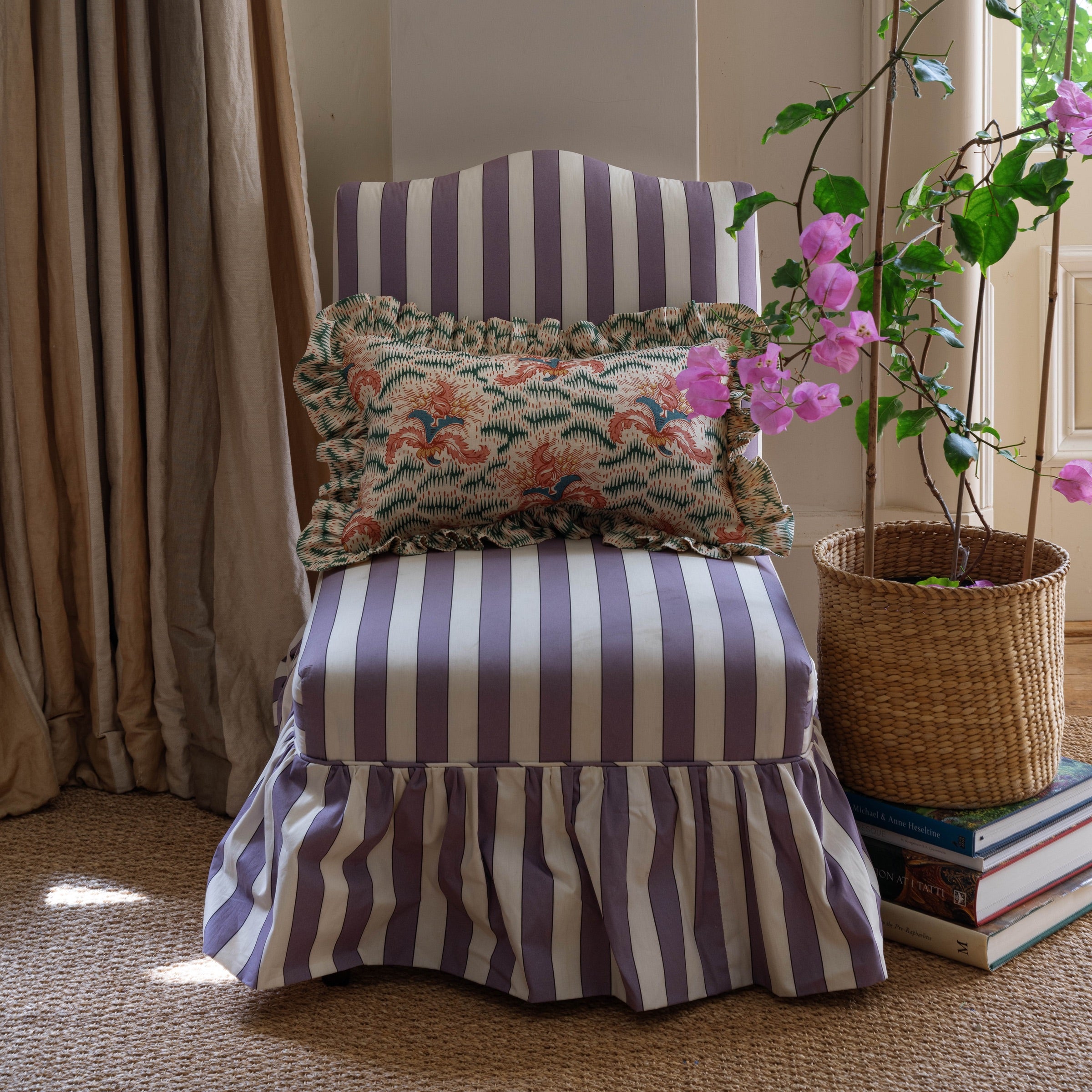 Daphne Indigo and Apricot Oblong Cushion with a Daphne's Feathers Indigo Gathered Frill