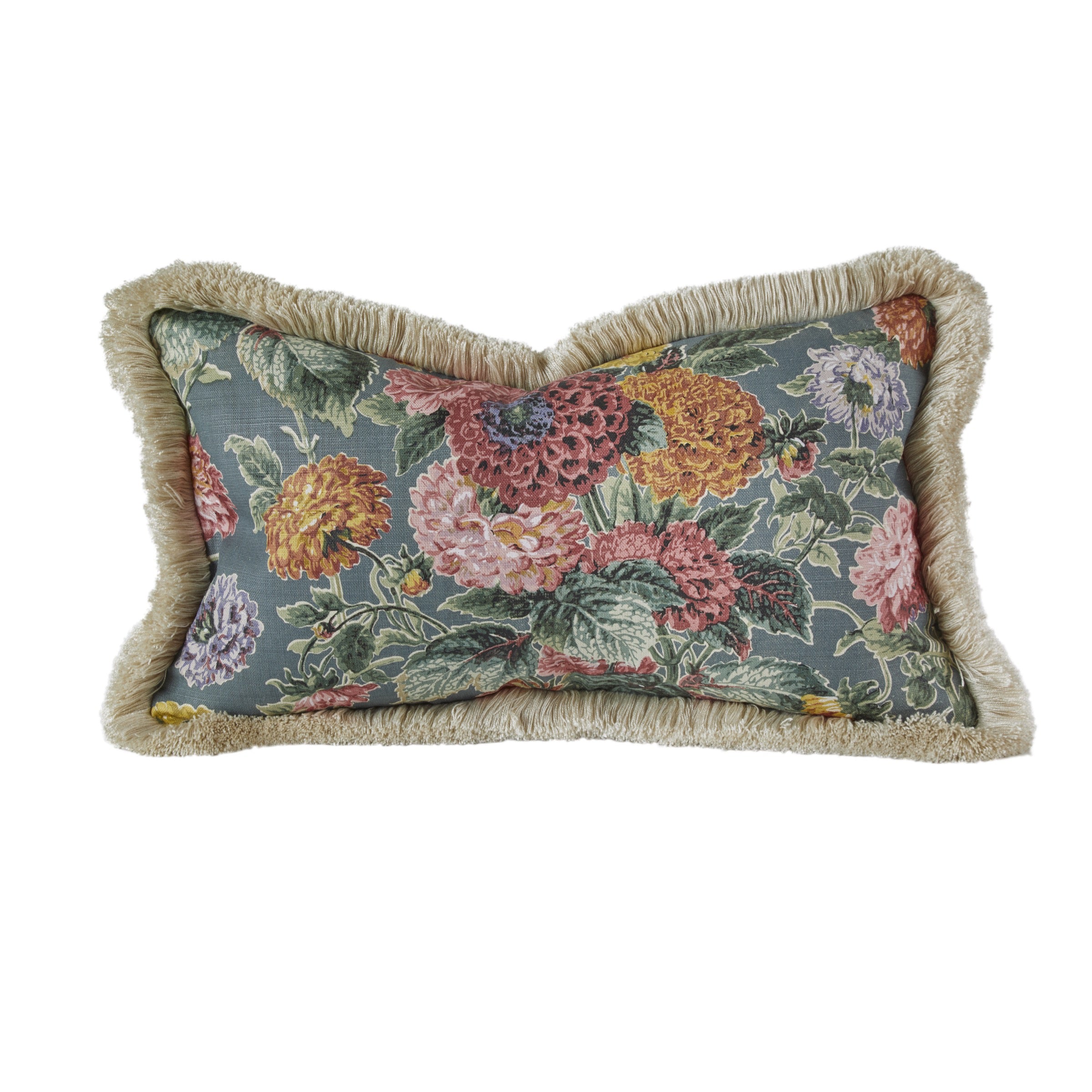 Dahlias Jura Blue Cushion with a Brush Fringe