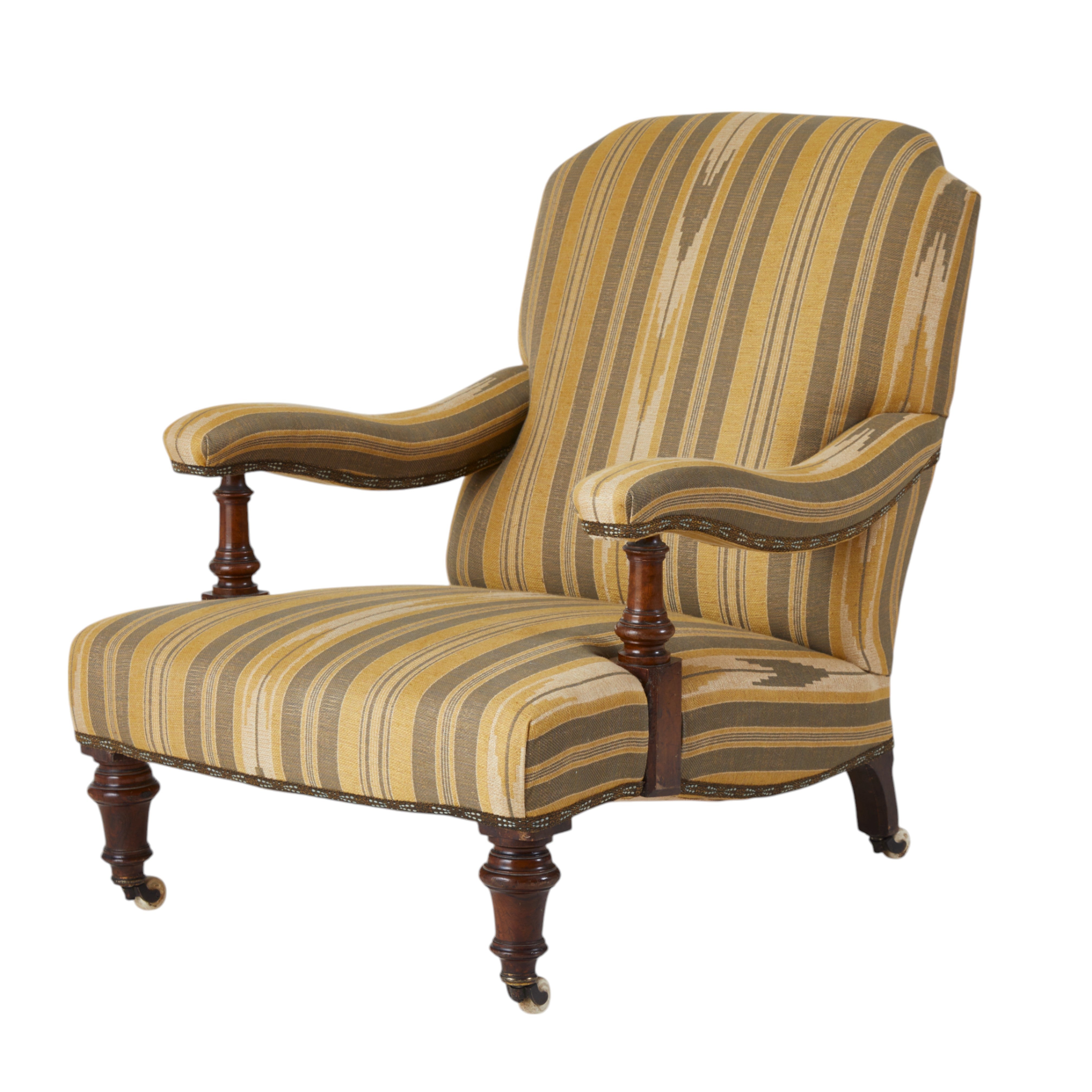 A Late 19th Century Square backed Armchair in Flora Soames Oulton Stripe