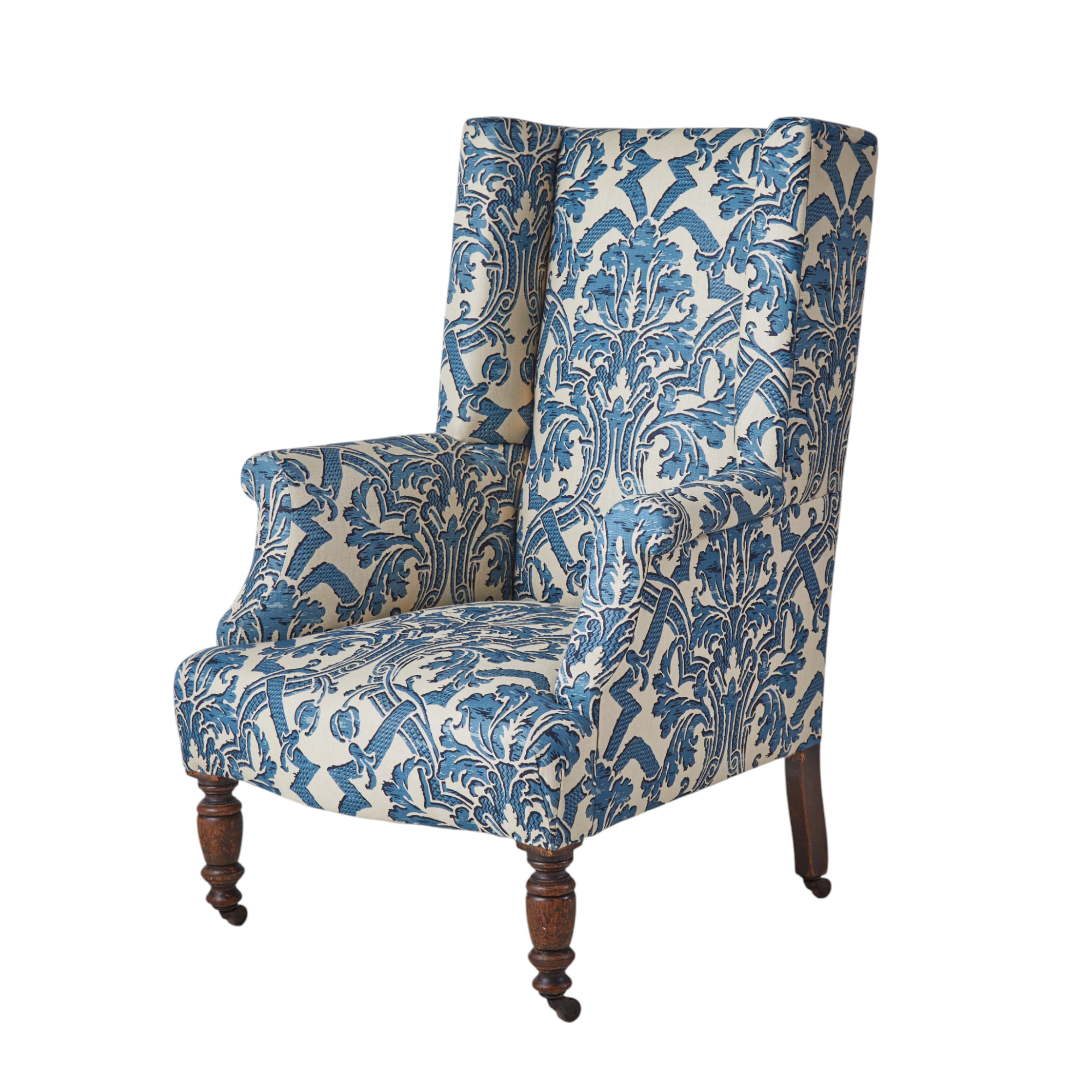 A Small 19th Century Wingback Armchair upholstered in China Blue Stockton Linen.