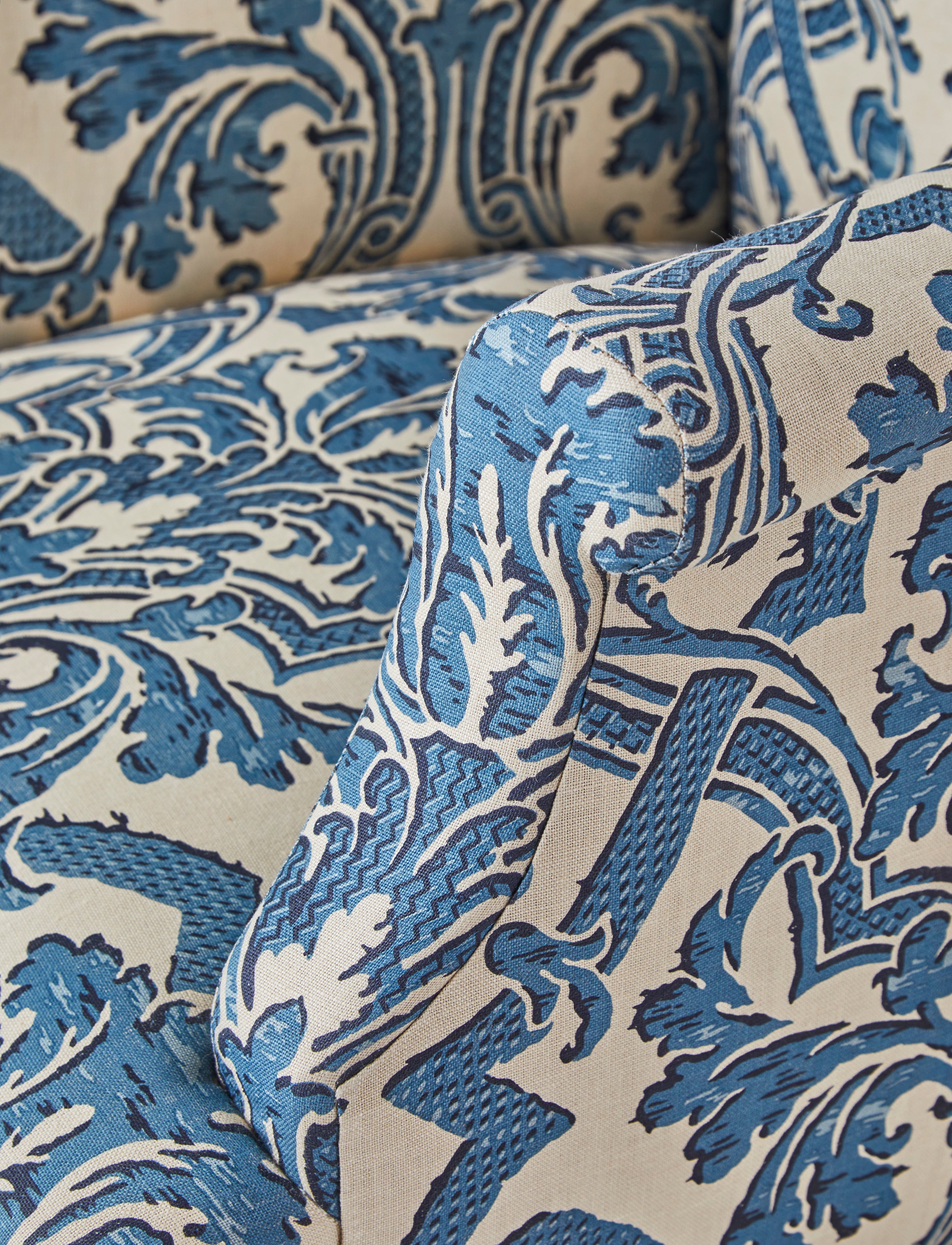 A Small 19th Century Wingback Armchair upholstered in China Blue Stockton Linen.