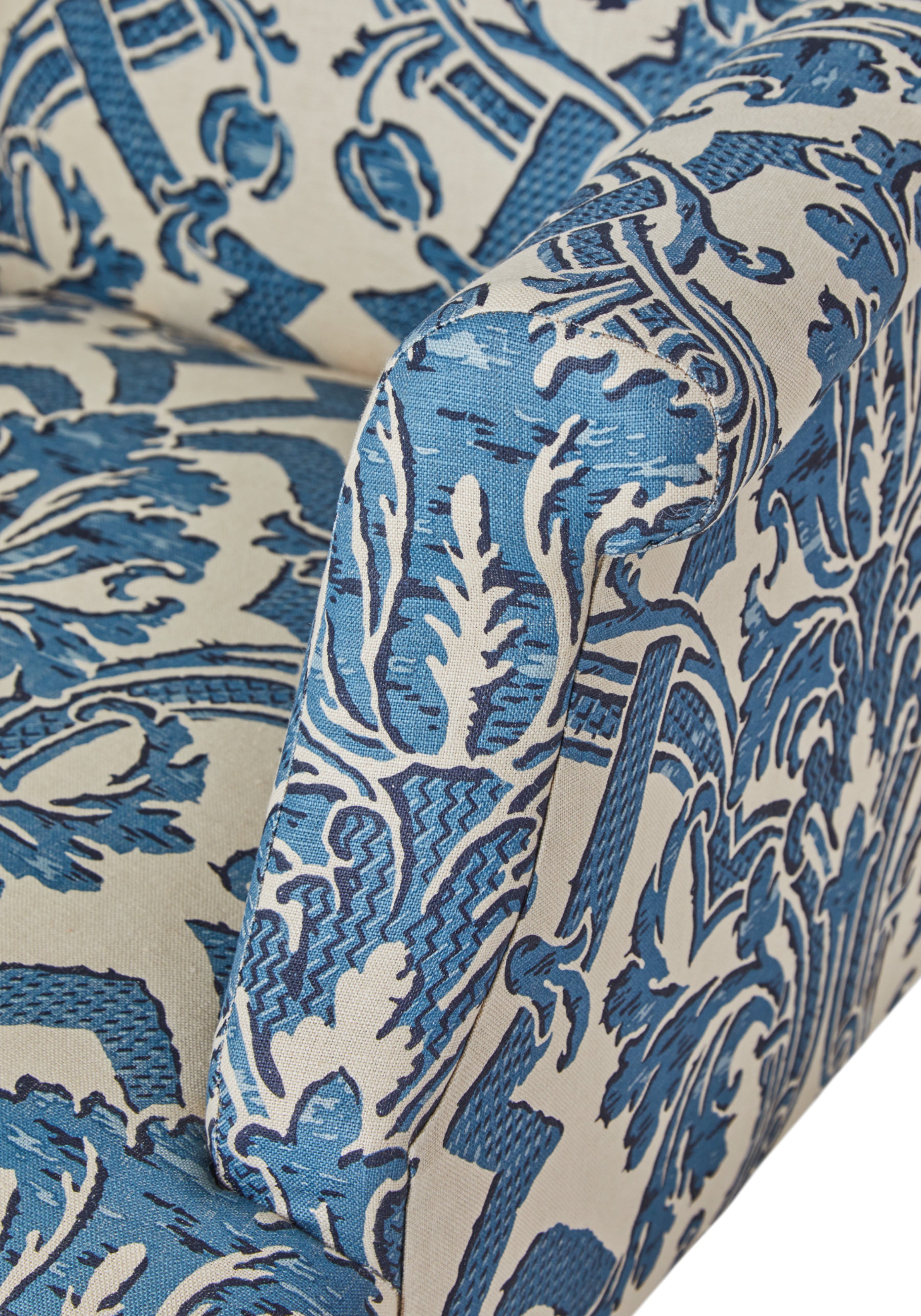 A Small 19th Century Wingback Armchair upholstered in China Blue Stockton Linen.