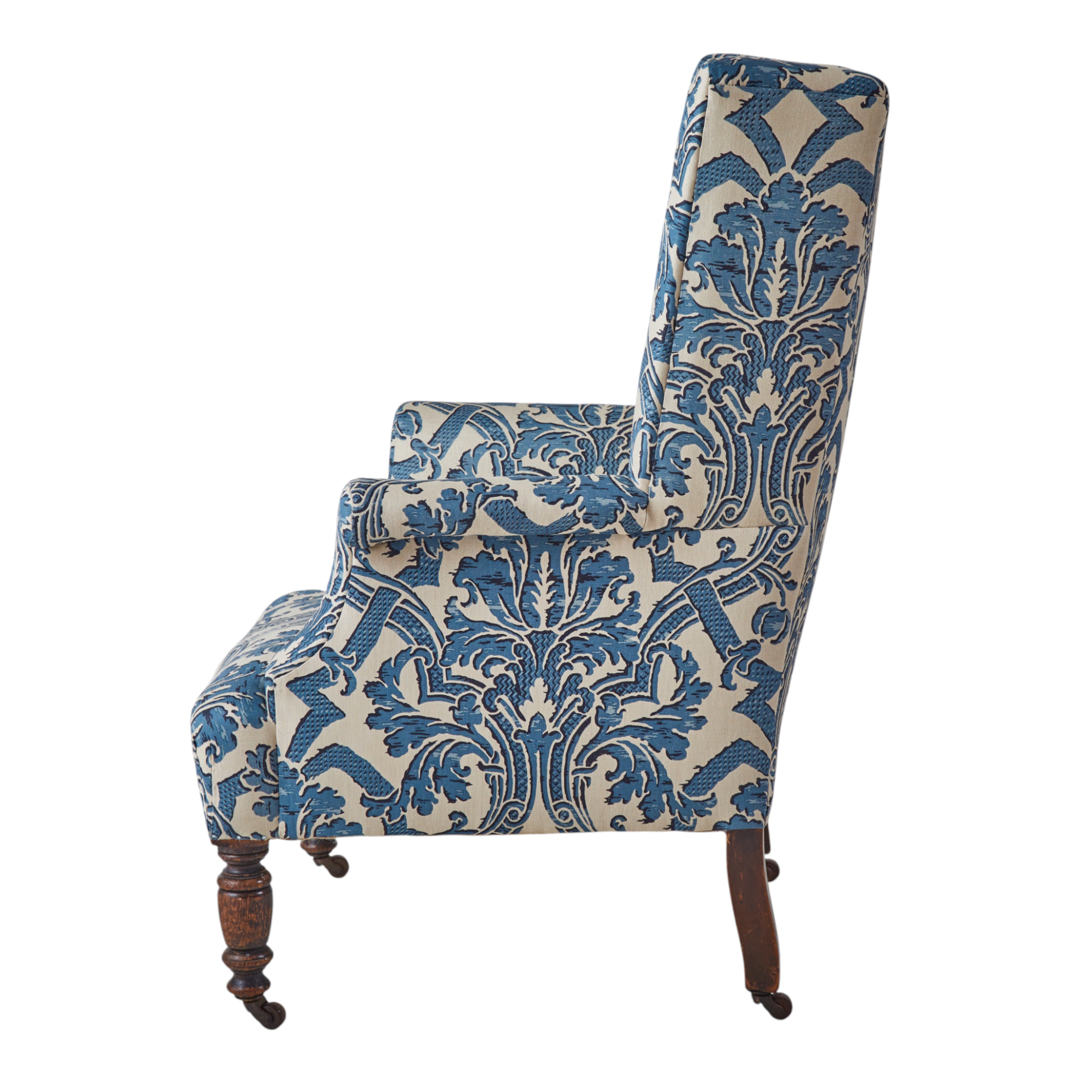 A Small 19th Century Wingback Armchair upholstered in China Blue Stockton Linen.