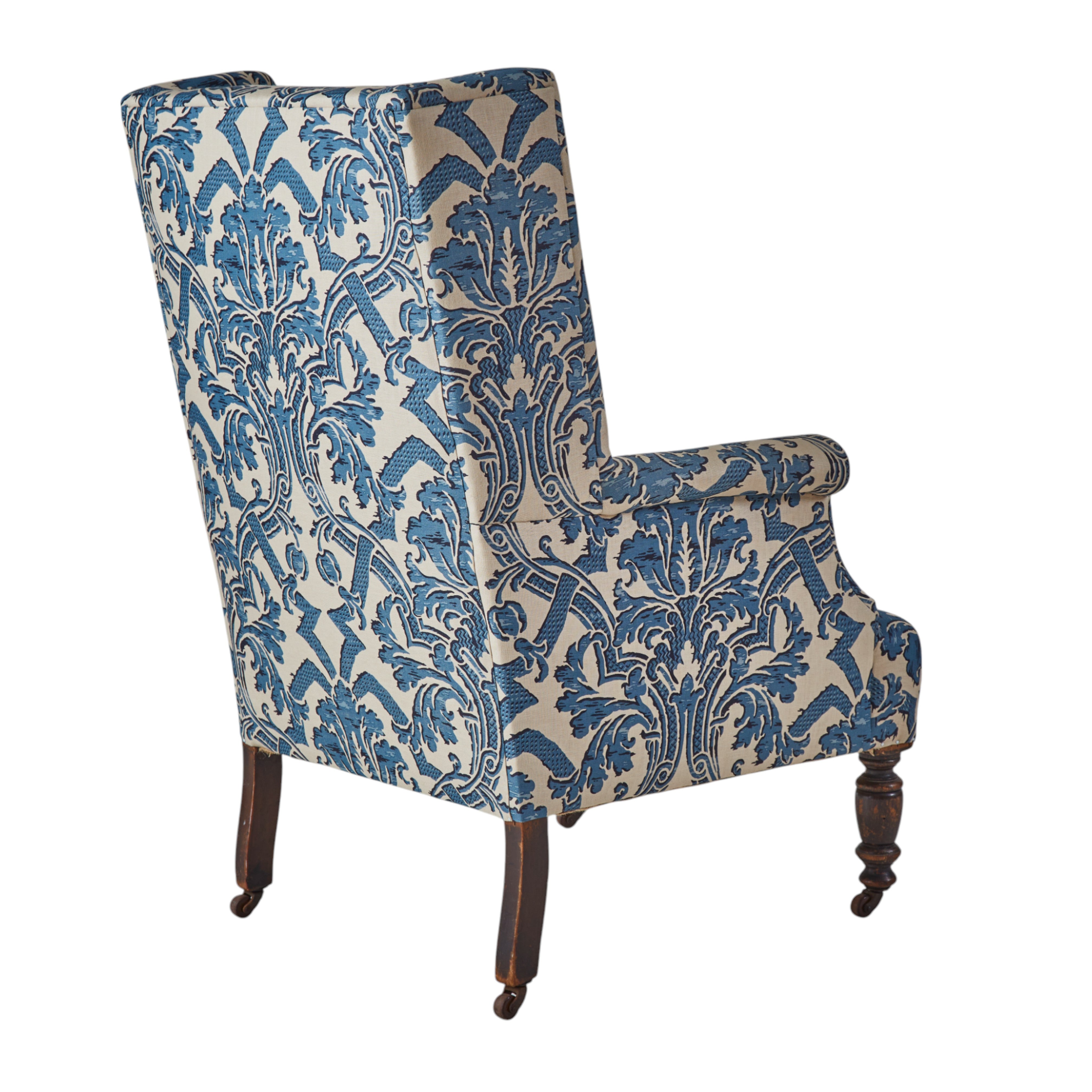 A Small 19th Century Wingback Armchair upholstered in China Blue Stockton Linen.