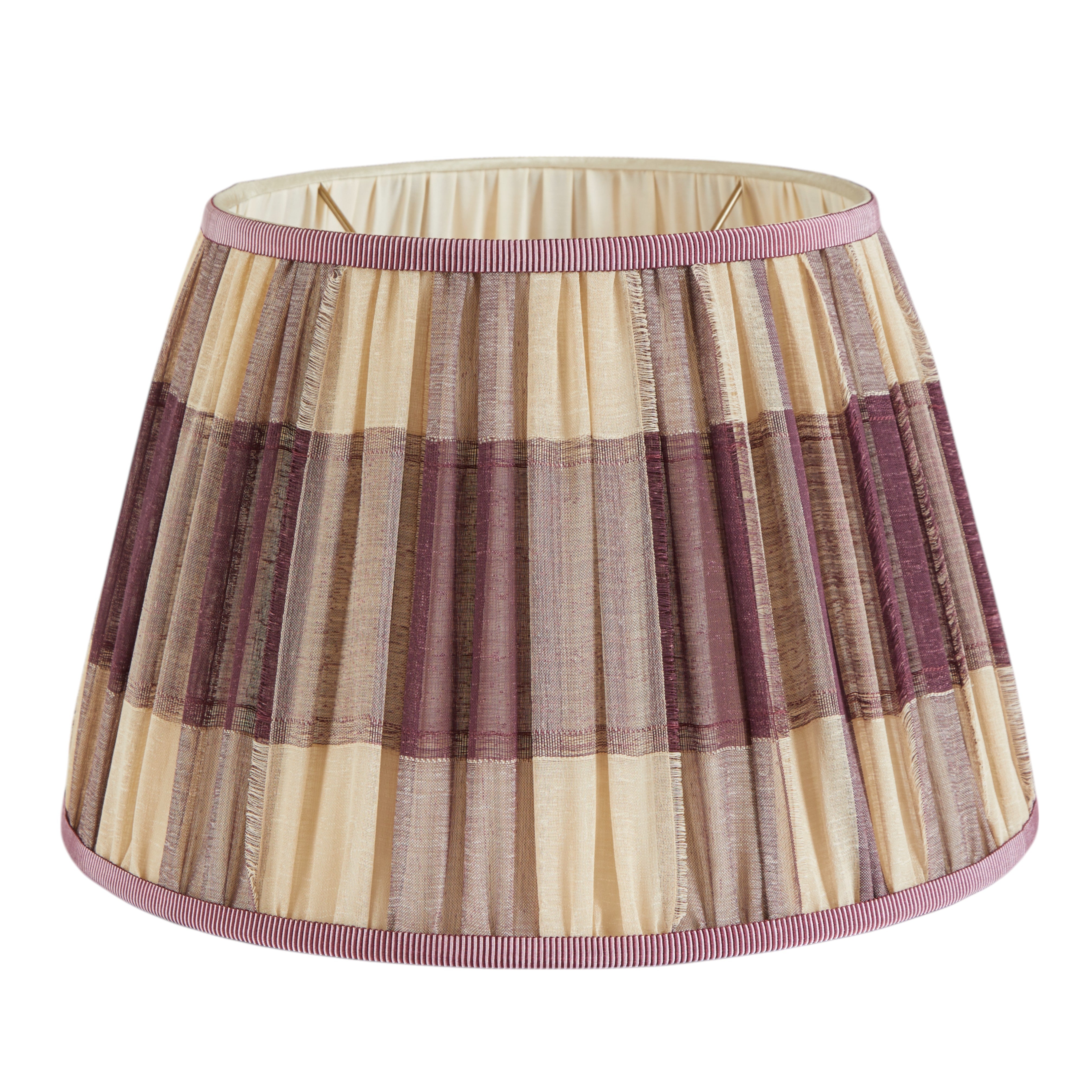 A pair of gathered shades in aubergine checked voile with a purple grosgrain ribbon trim
