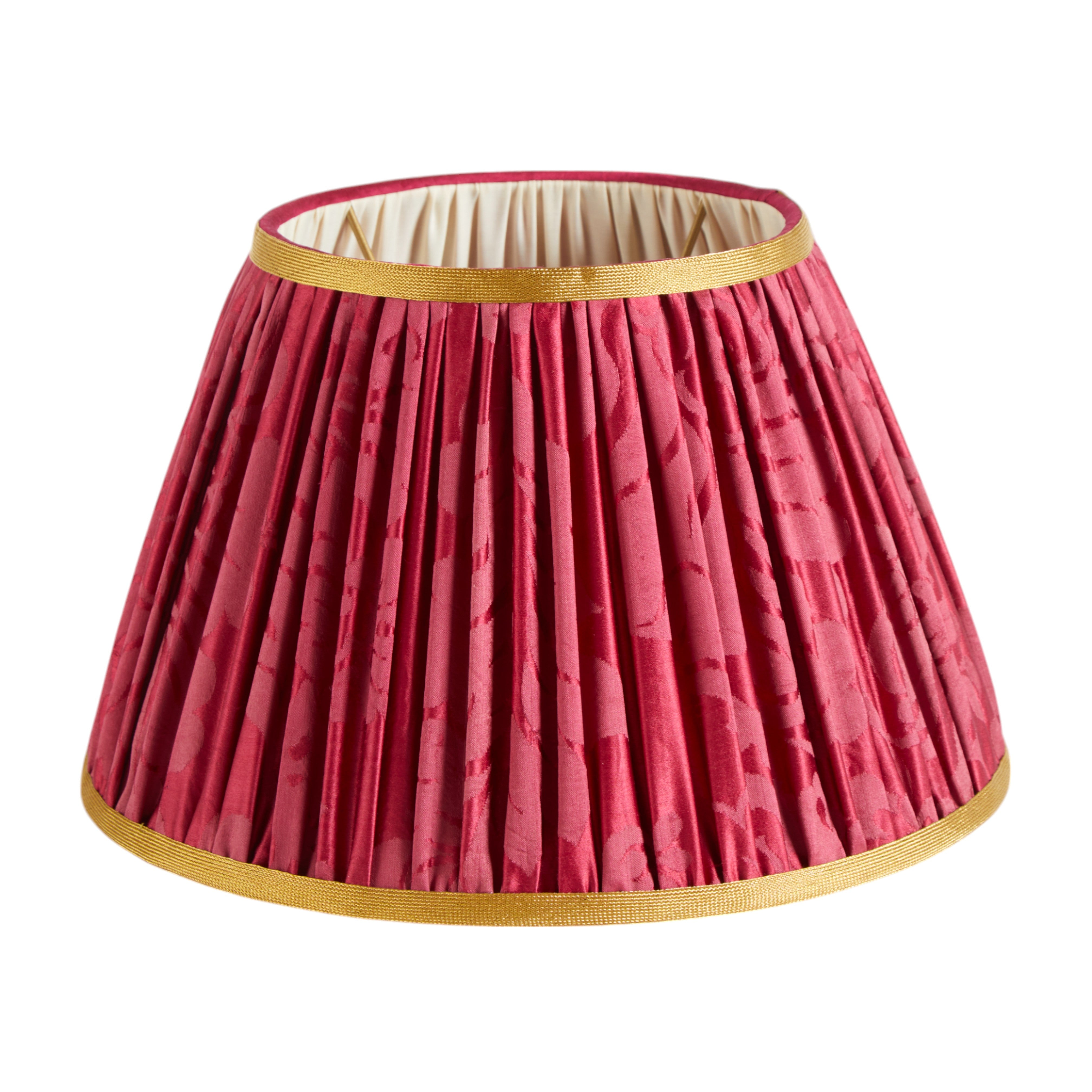 A pair of gathered lampshades in antique French damask with gold woven trimming