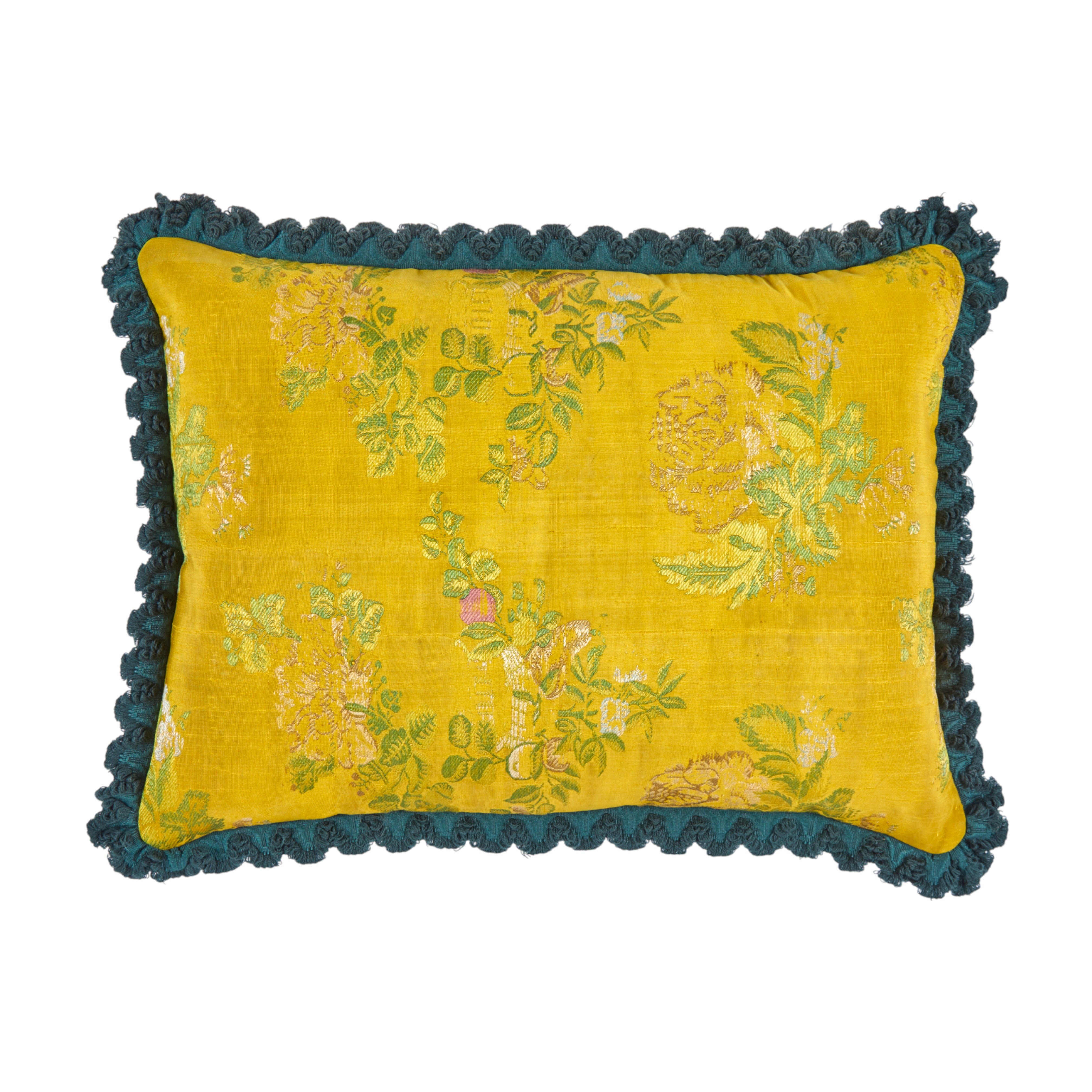 A silk cushion made from a unique 18th Century French document with a scalloped woollen trim