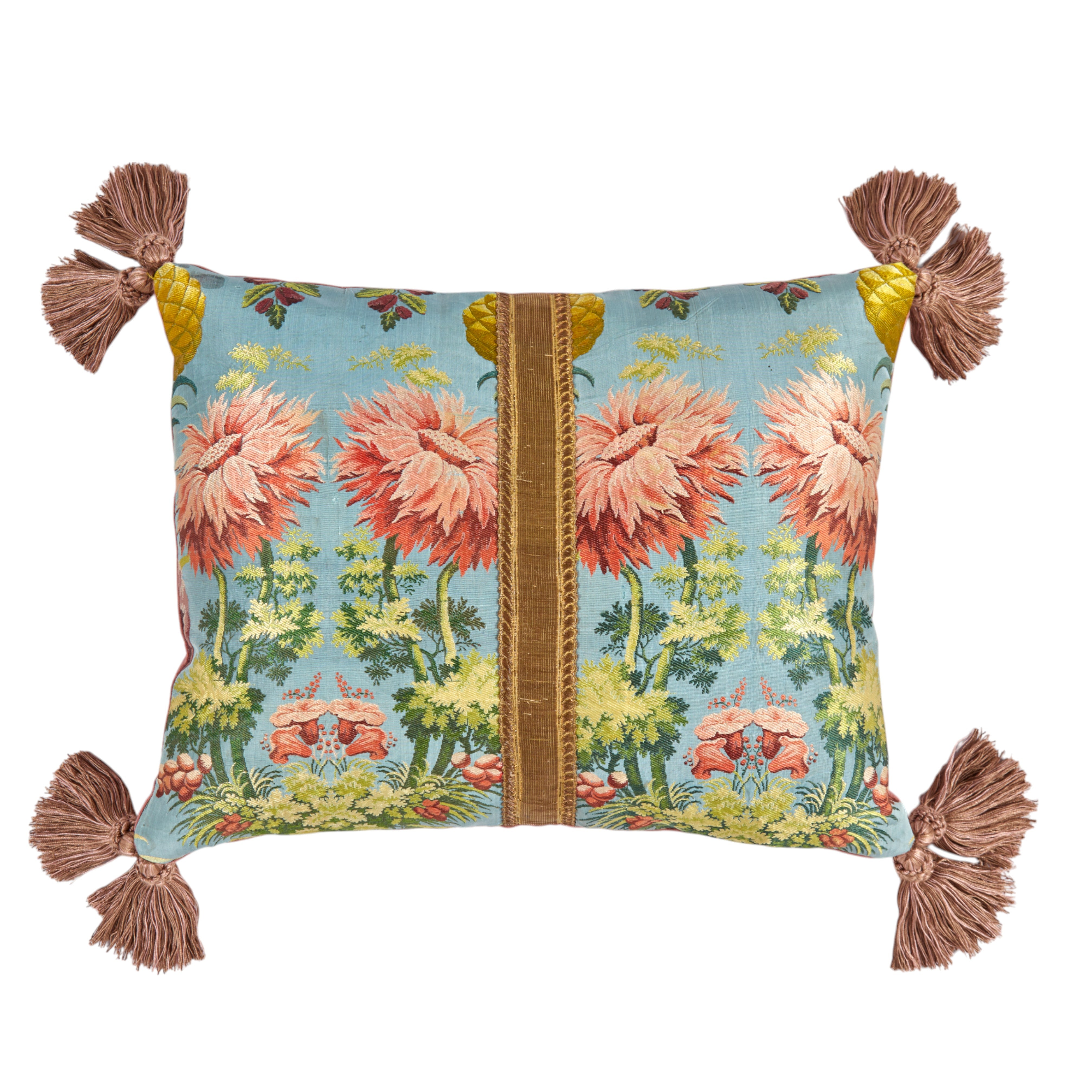 A silk cushion made with a beautiful 18th Century fragment with Italian silk tassels and antique gold flat braid band