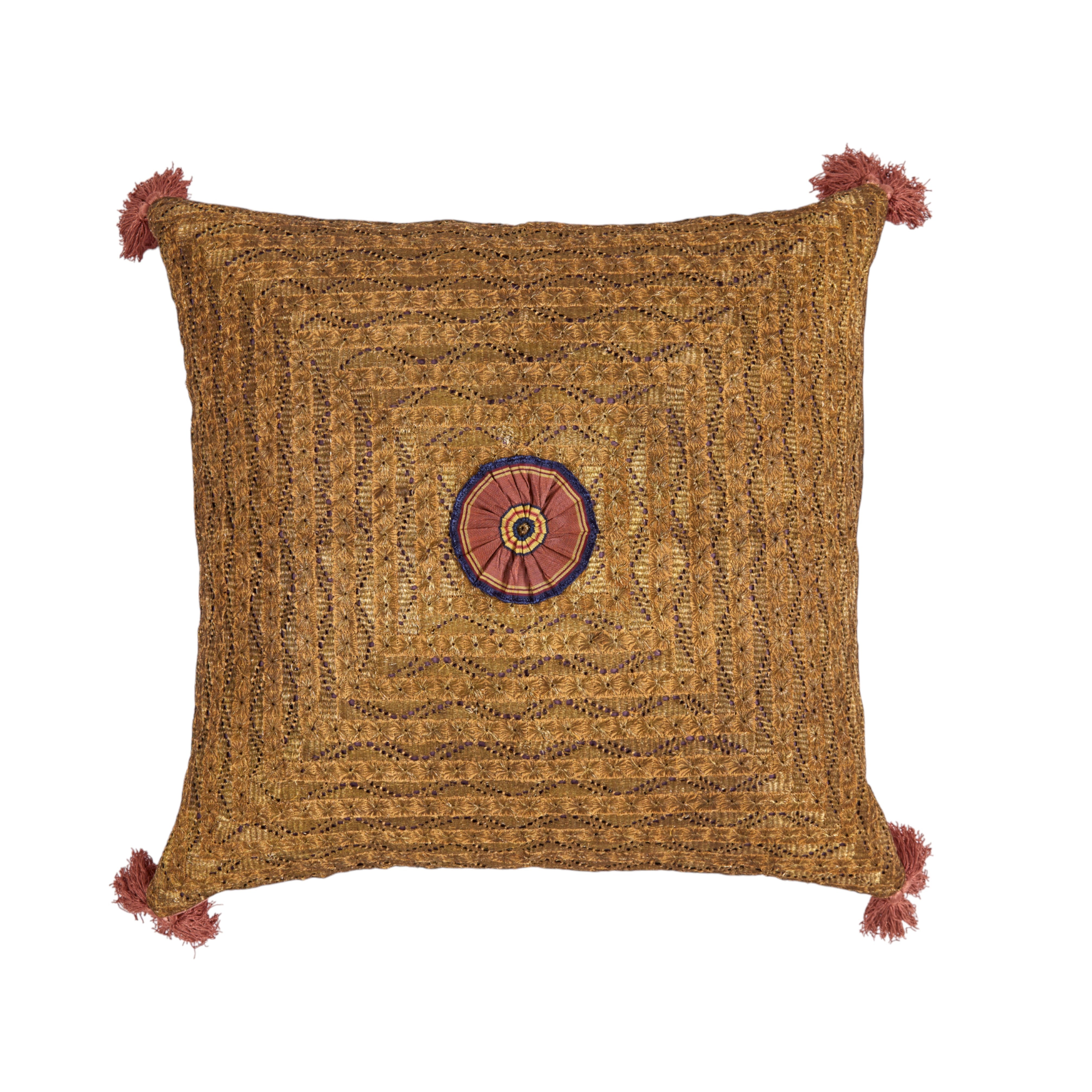 A large Old Gold cushion made with a rare 19th Century Ottoman panel with a handmade silk antique ribboned rosette and Italian silk tassels