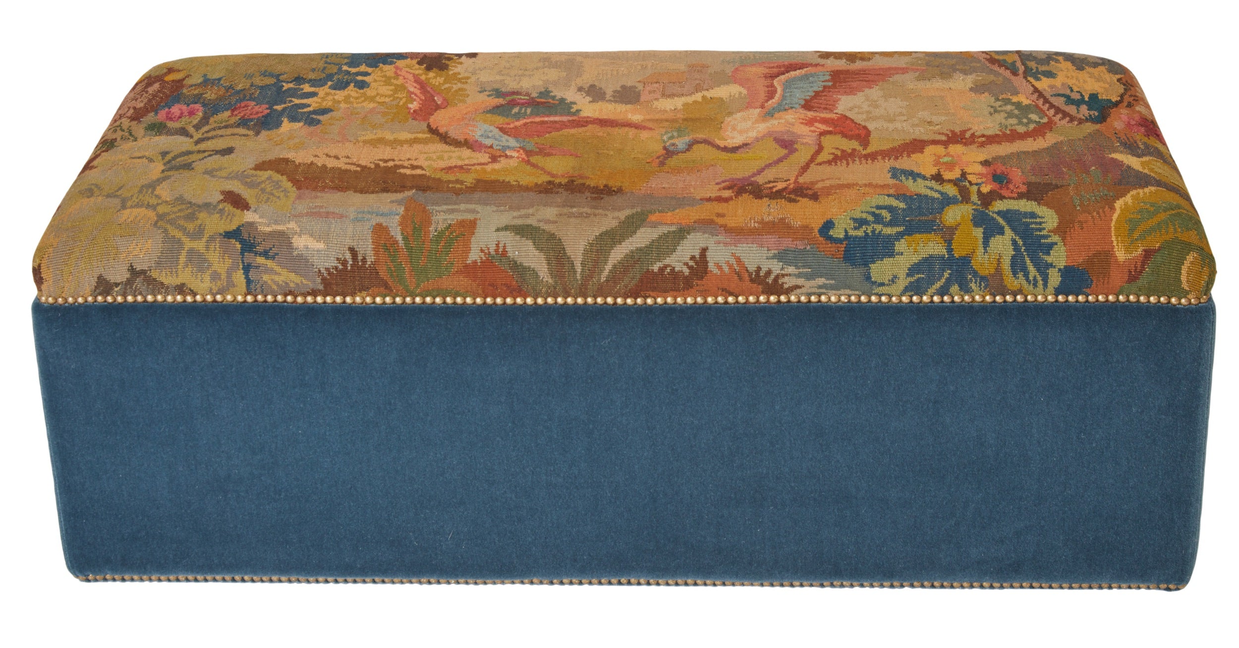 A Bespoke Upholstered Ottoman with a 19th Century English Needlework Top