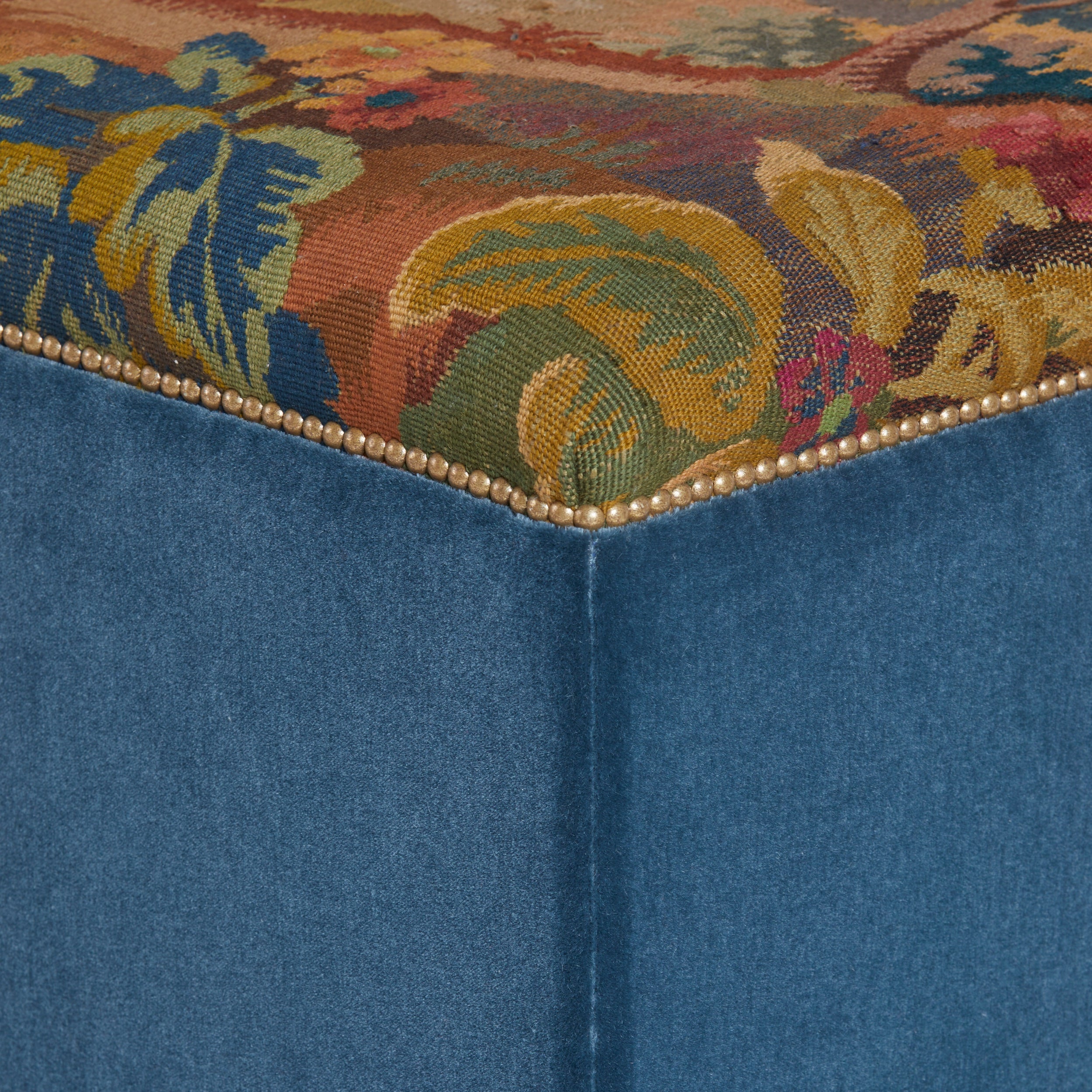 A Bespoke Upholstered Ottoman with a 19th Century English Needlework Top