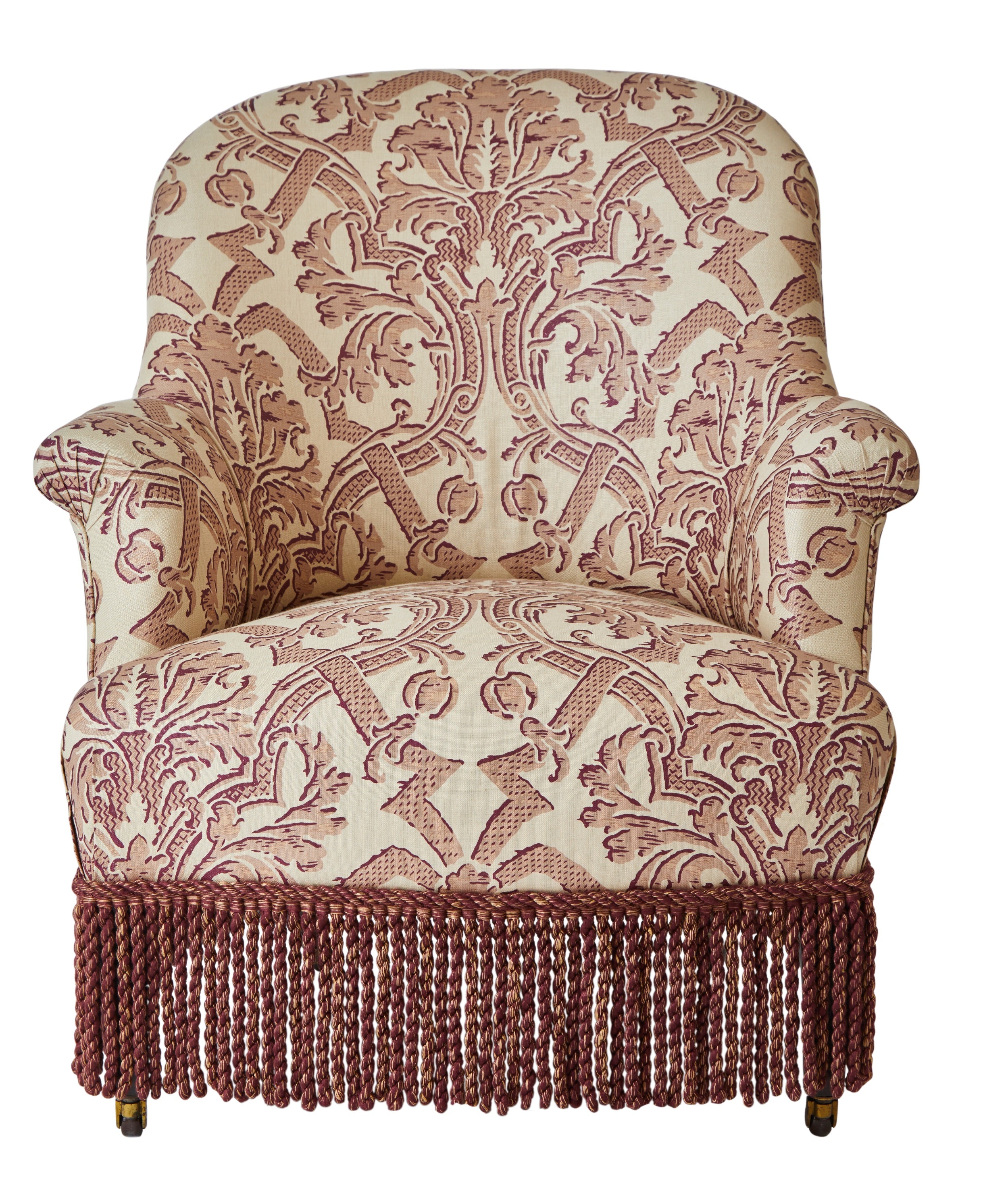 A Spoon Back 19th Century Armchair in Flora Soames Stockton with Bullion Fringe