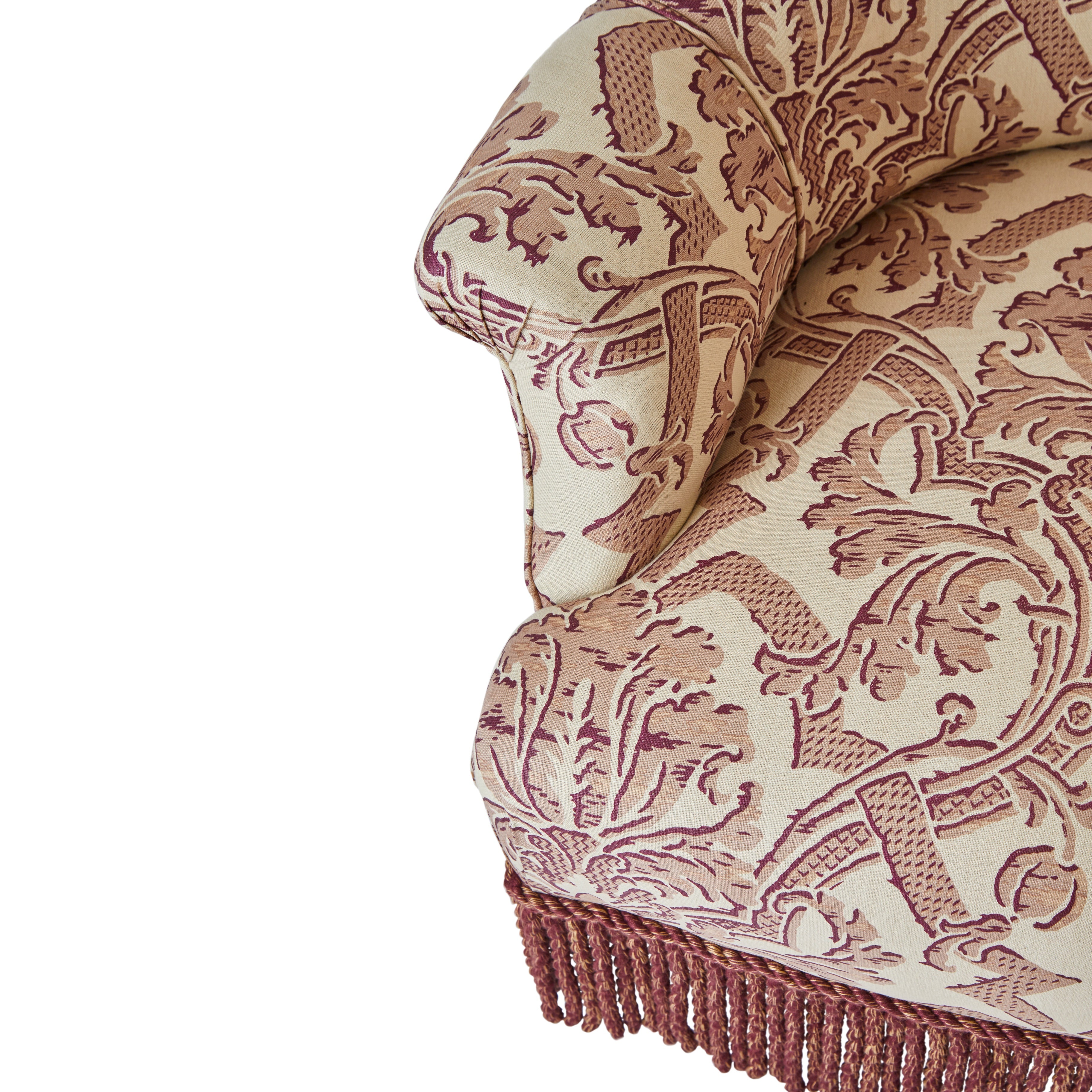 A Spoon Back 19th Century Armchair in Flora Soames Stockton with Bullion Fringe