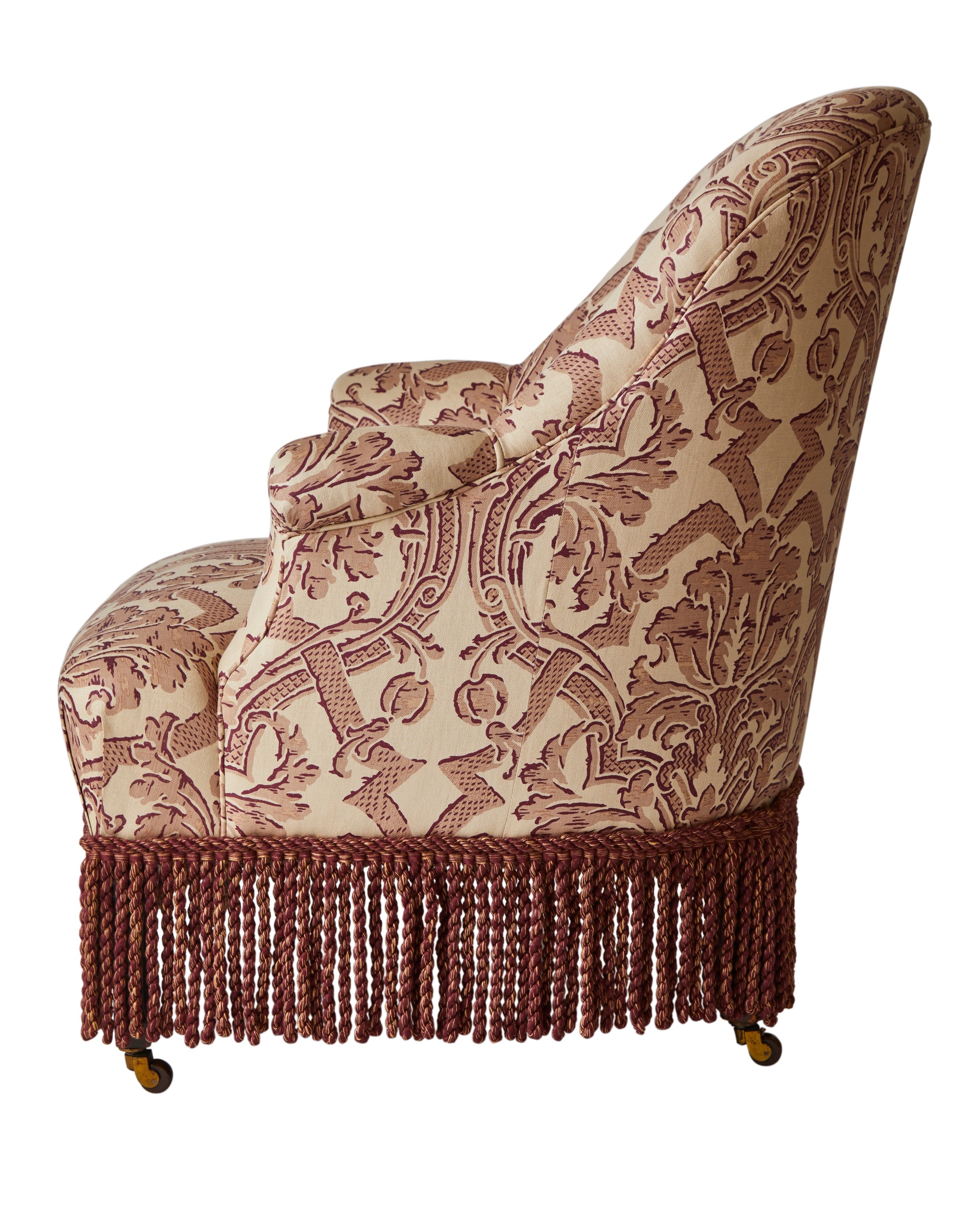 A Spoon Back 19th Century Armchair in Flora Soames Stockton with Bullion Fringe