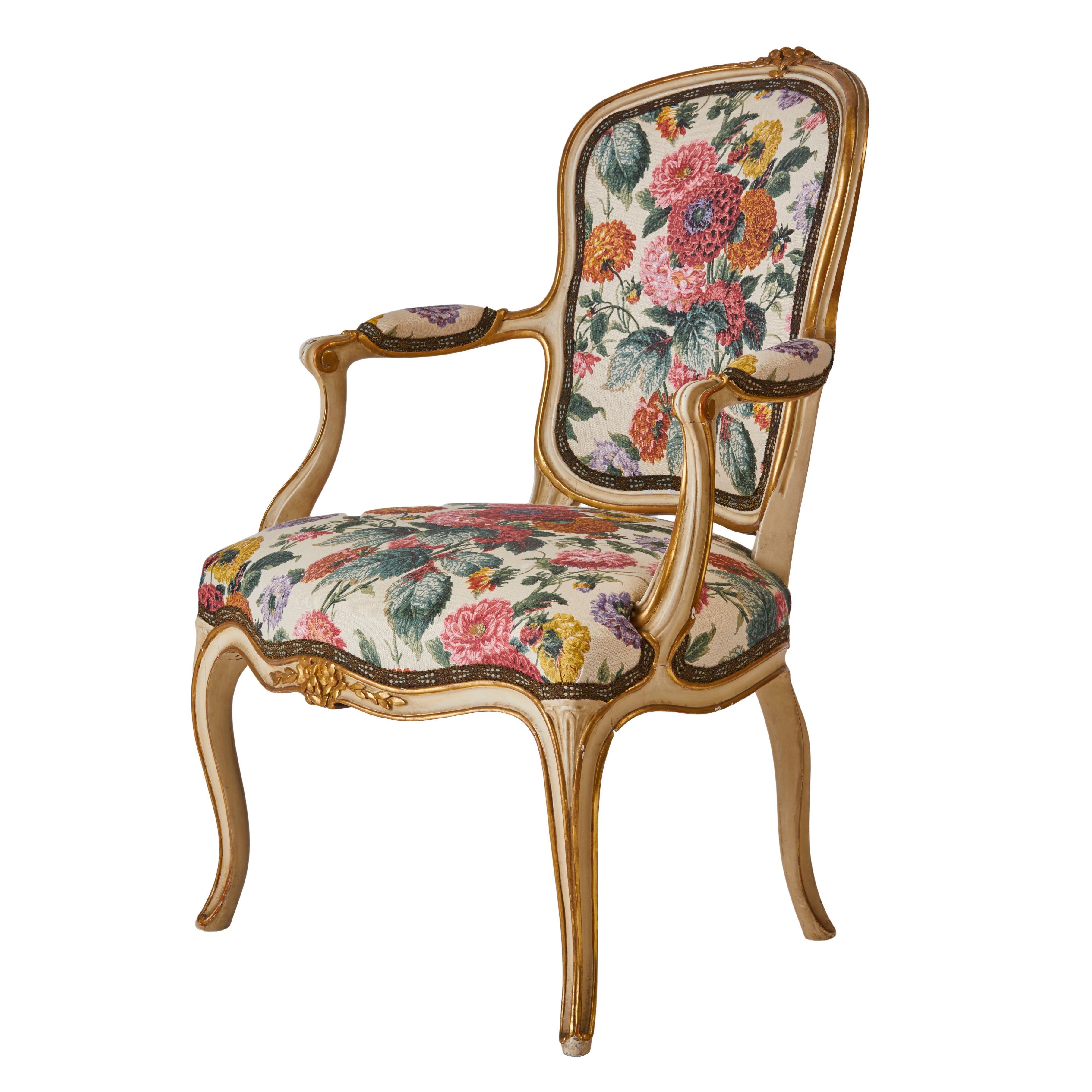 A 19th Century Parcel-Gilt Salon Chair in Flora Soames Dahlias with Antique Gold Decorated Braid