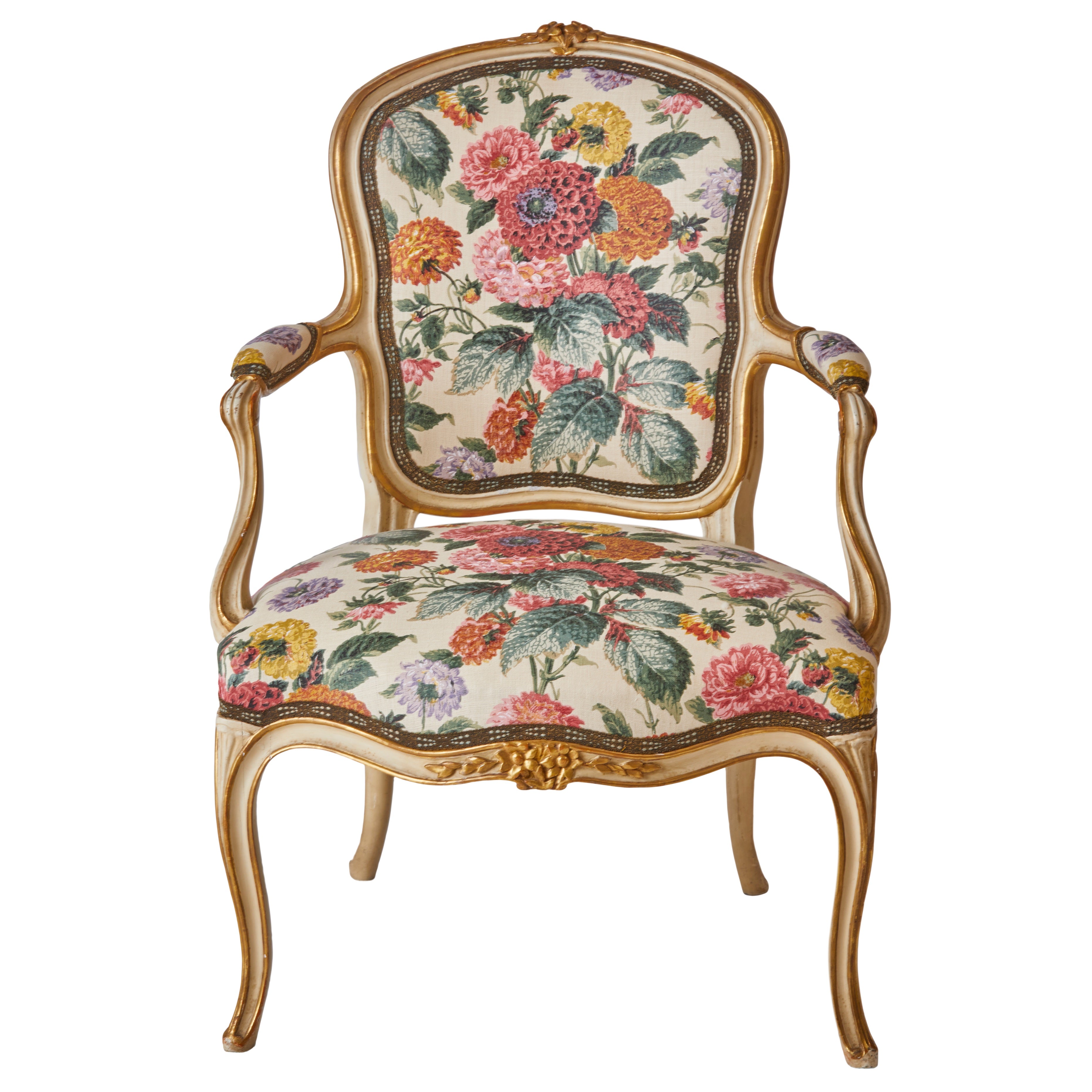 A 19th Century Parcel-Gilt Salon Chair in Flora Soames Dahlias with Antique Gold Decorated Braid