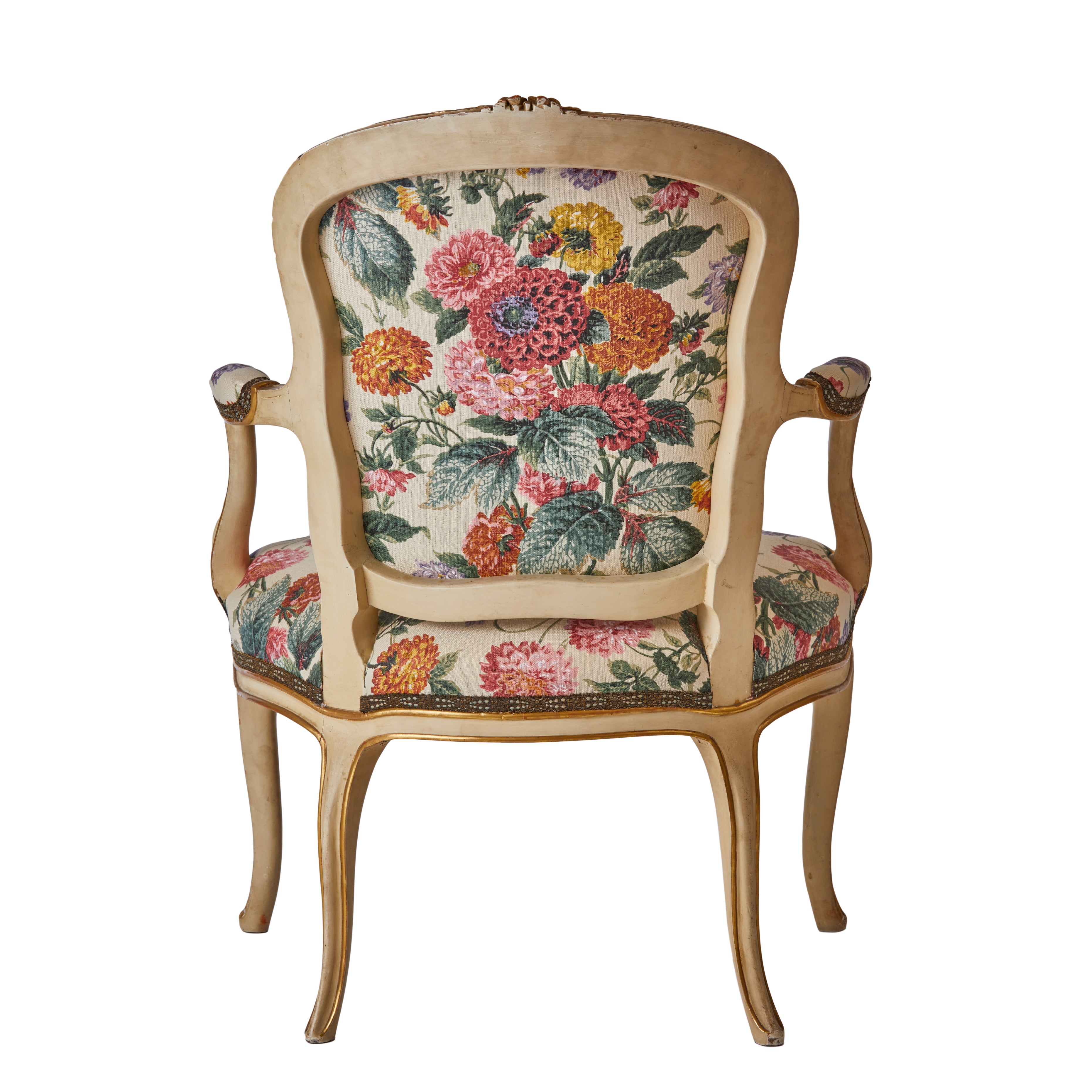 A 19th Century Parcel-Gilt Salon Chair in Flora Soames Dahlias with Antique Gold Decorated Braid