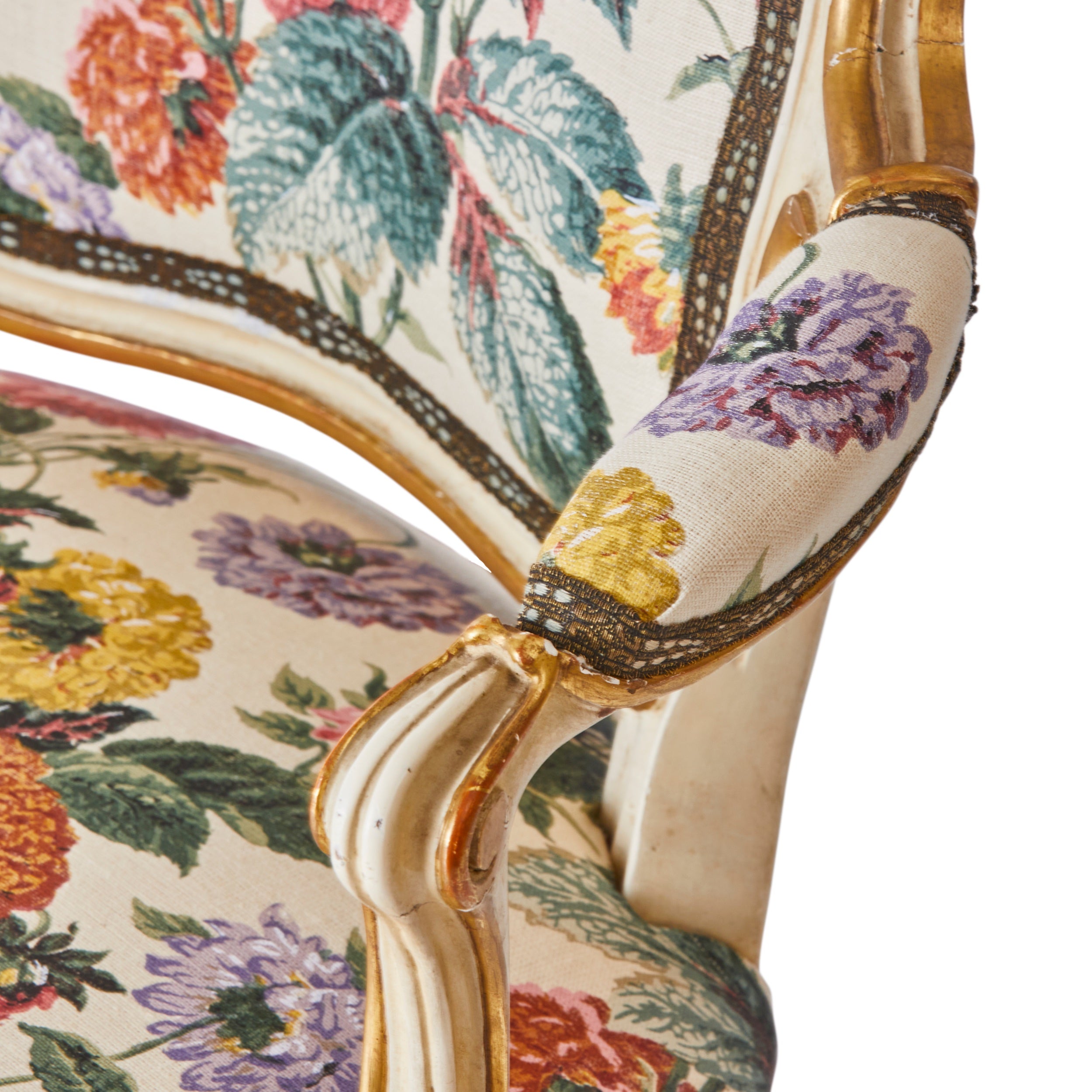 A 19th Century Parcel-Gilt Salon Chair in Flora Soames Dahlias with Antique Gold Decorated Braid