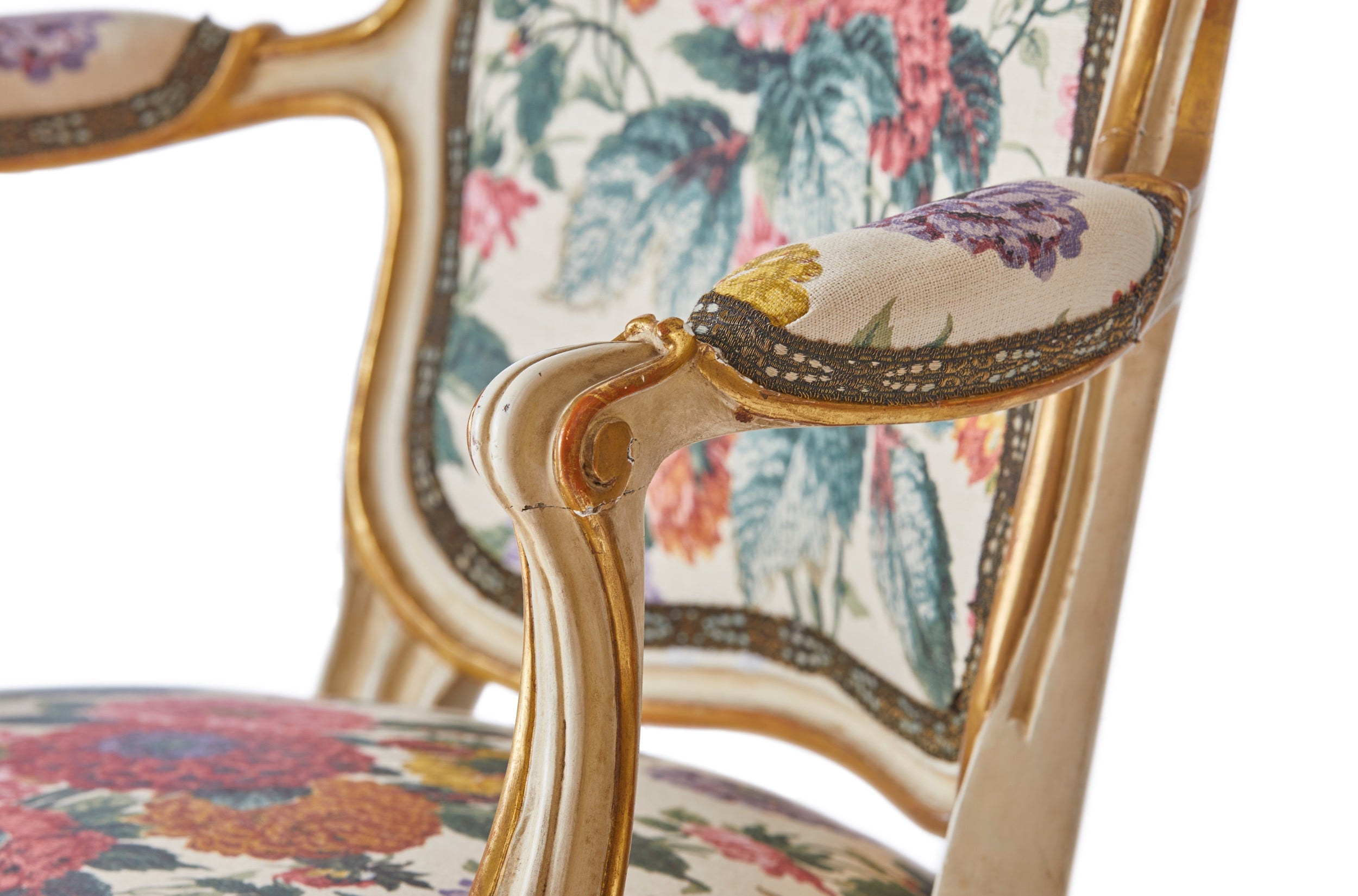 A 19th Century Parcel-Gilt Salon Chair in Flora Soames Dahlias with Antique Gold Decorated Braid