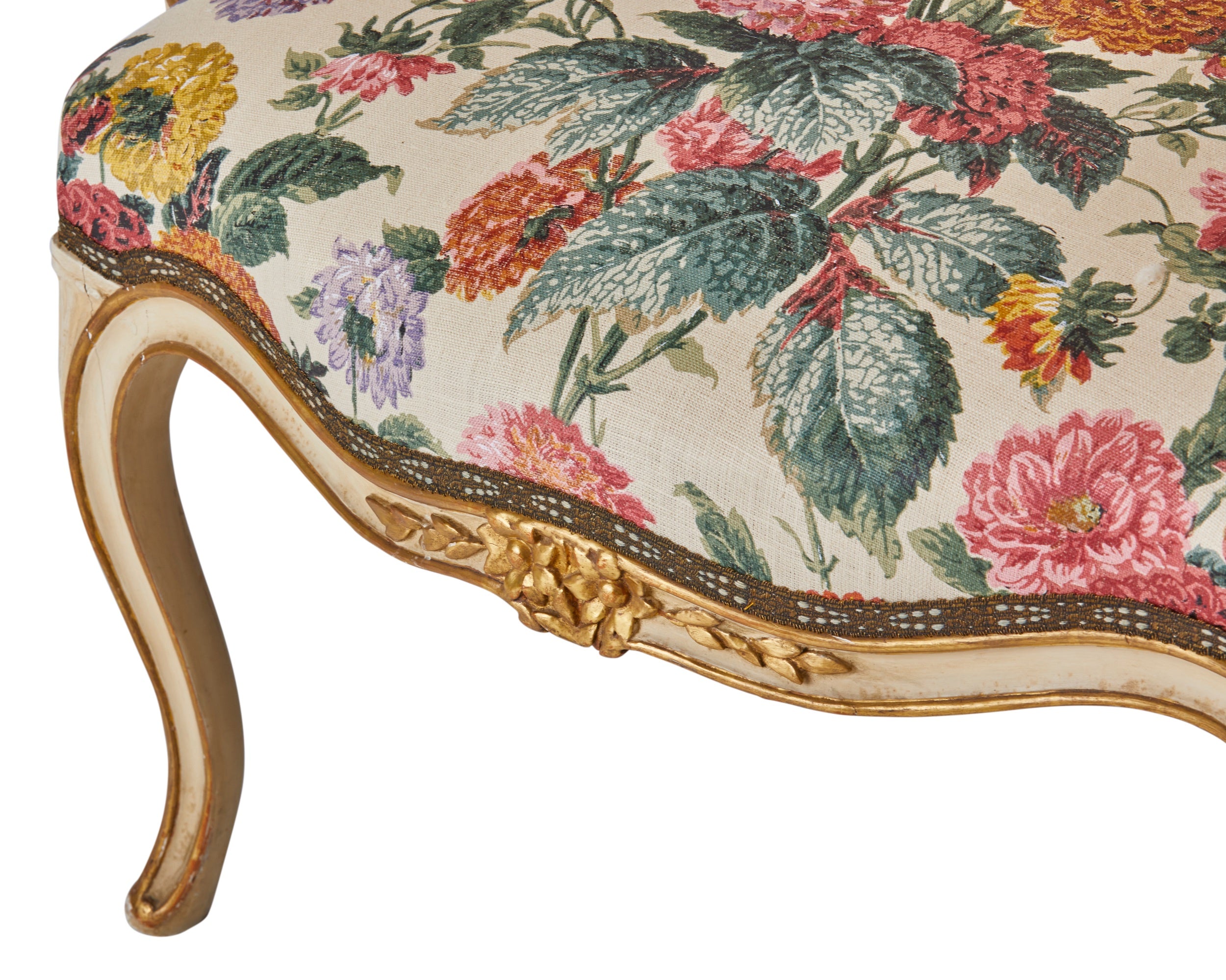 A 19th Century Parcel-Gilt Salon Chair in Flora Soames Dahlias with Antique Gold Decorated Braid