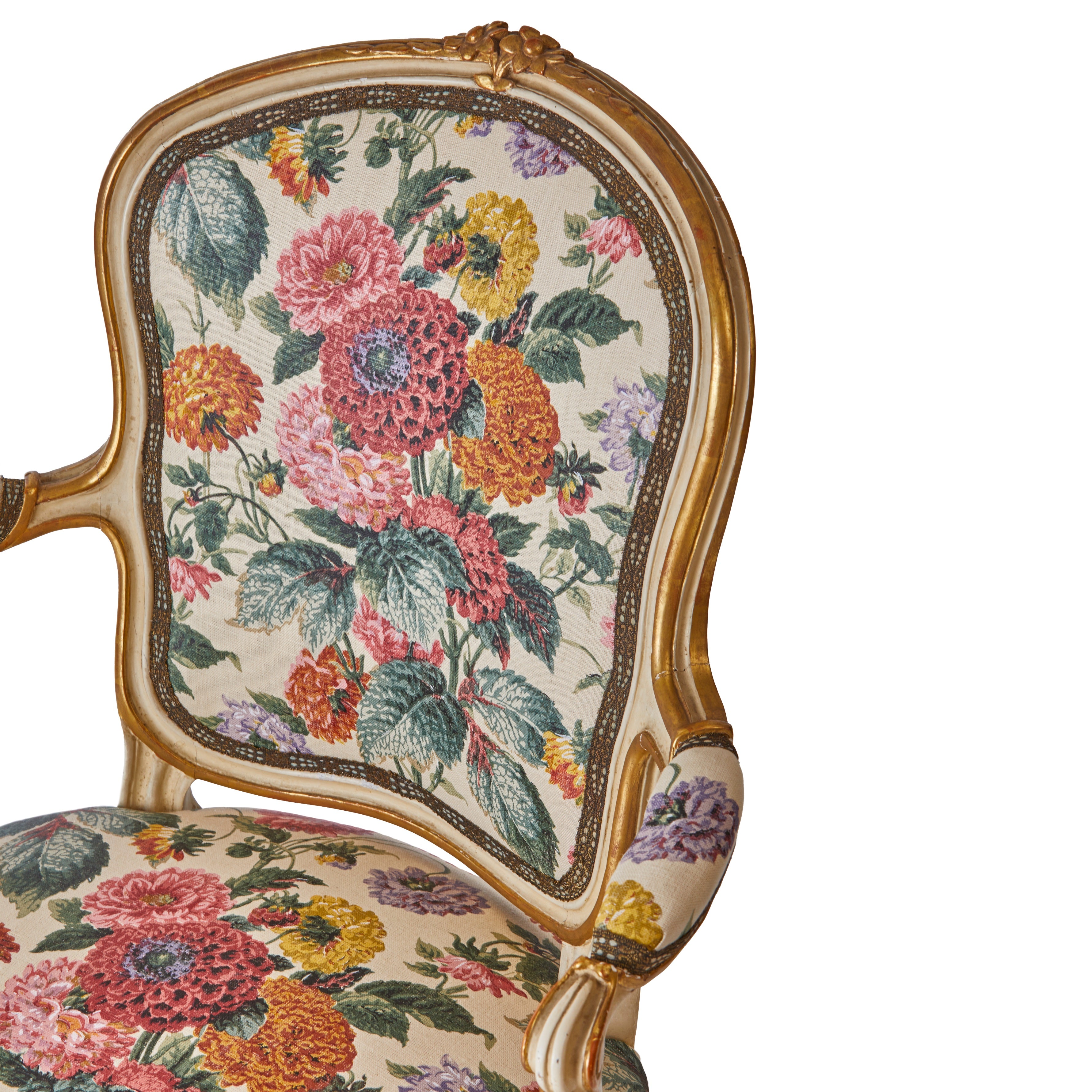 A 19th Century Parcel-Gilt Salon Chair in Flora Soames Dahlias with Antique Gold Decorated Braid