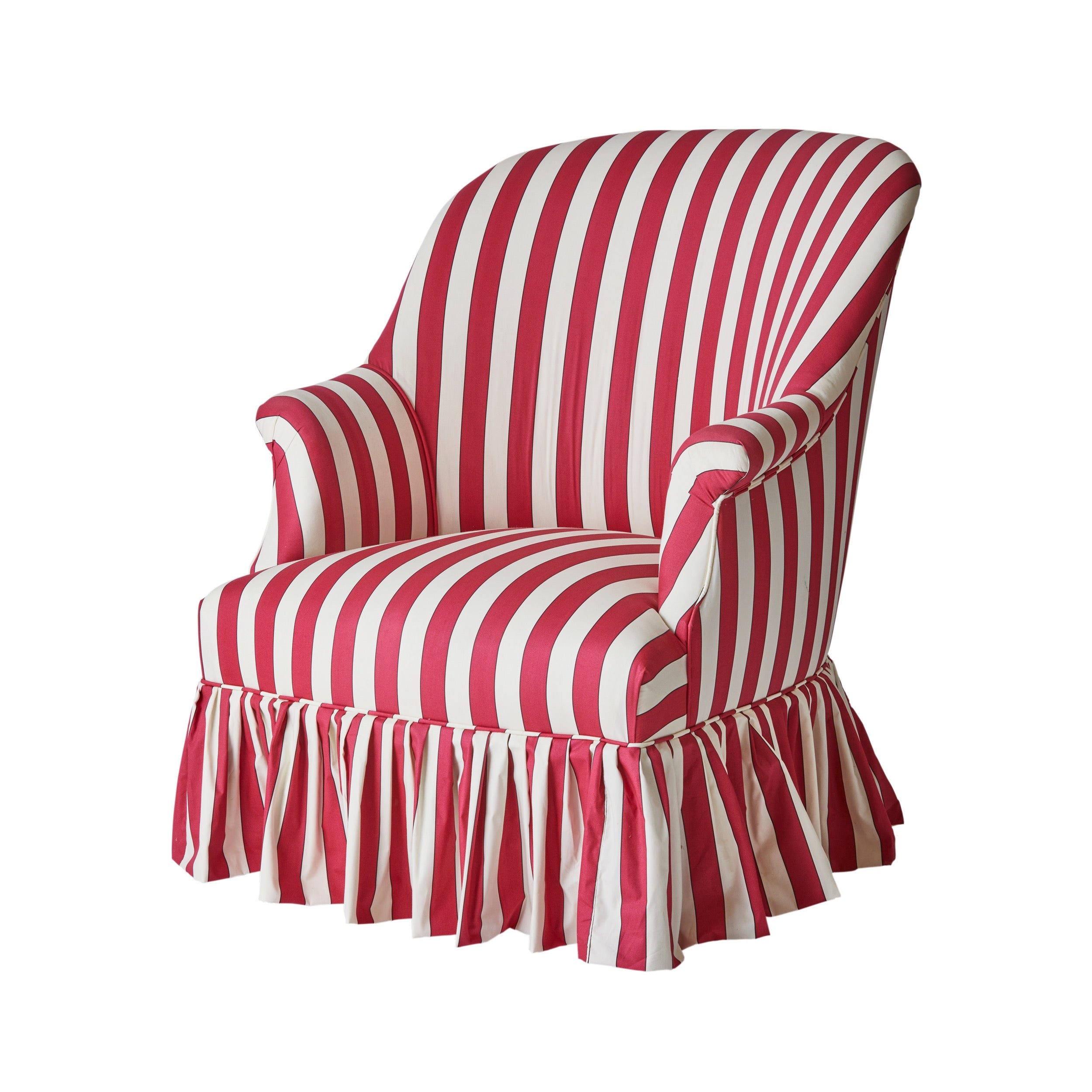 A Victorian Tub Armchair in Flora Soames Plain Stripe Cotton, Pair Available.