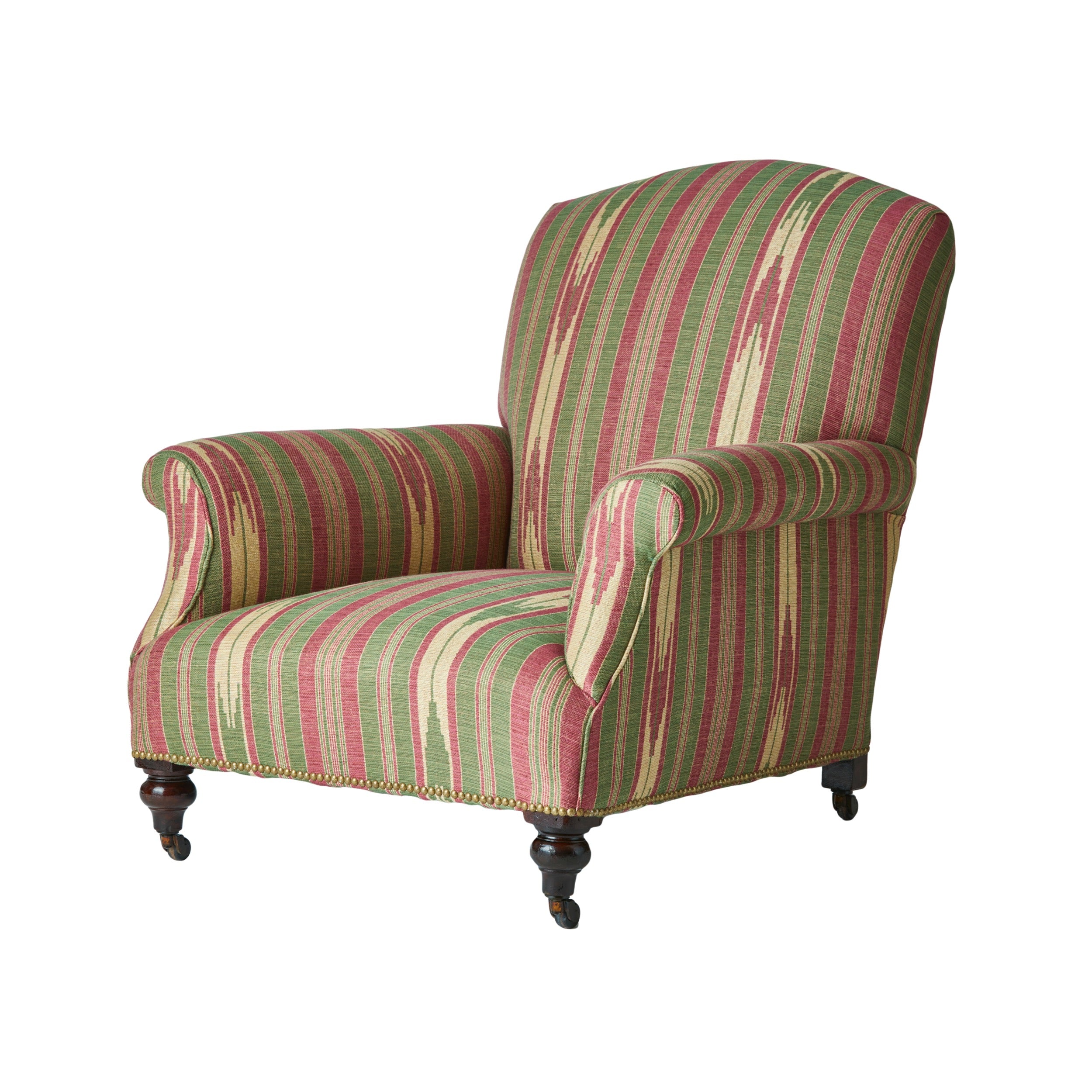 A Late 19th Century Low Armchair in Flora Soames Oulton Stripe