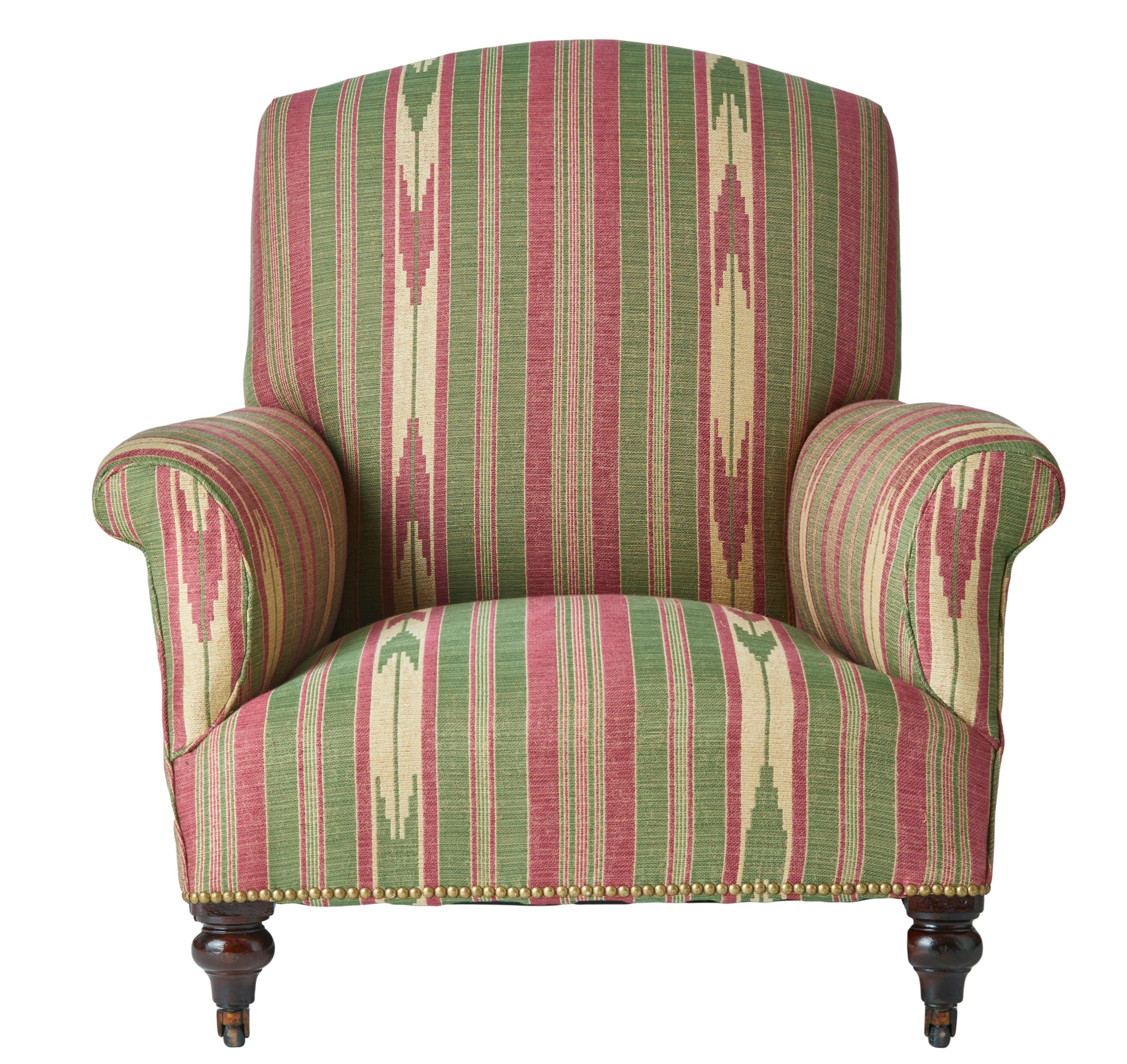 A Late 19th Century Low Armchair in Flora Soames Oulton Stripe