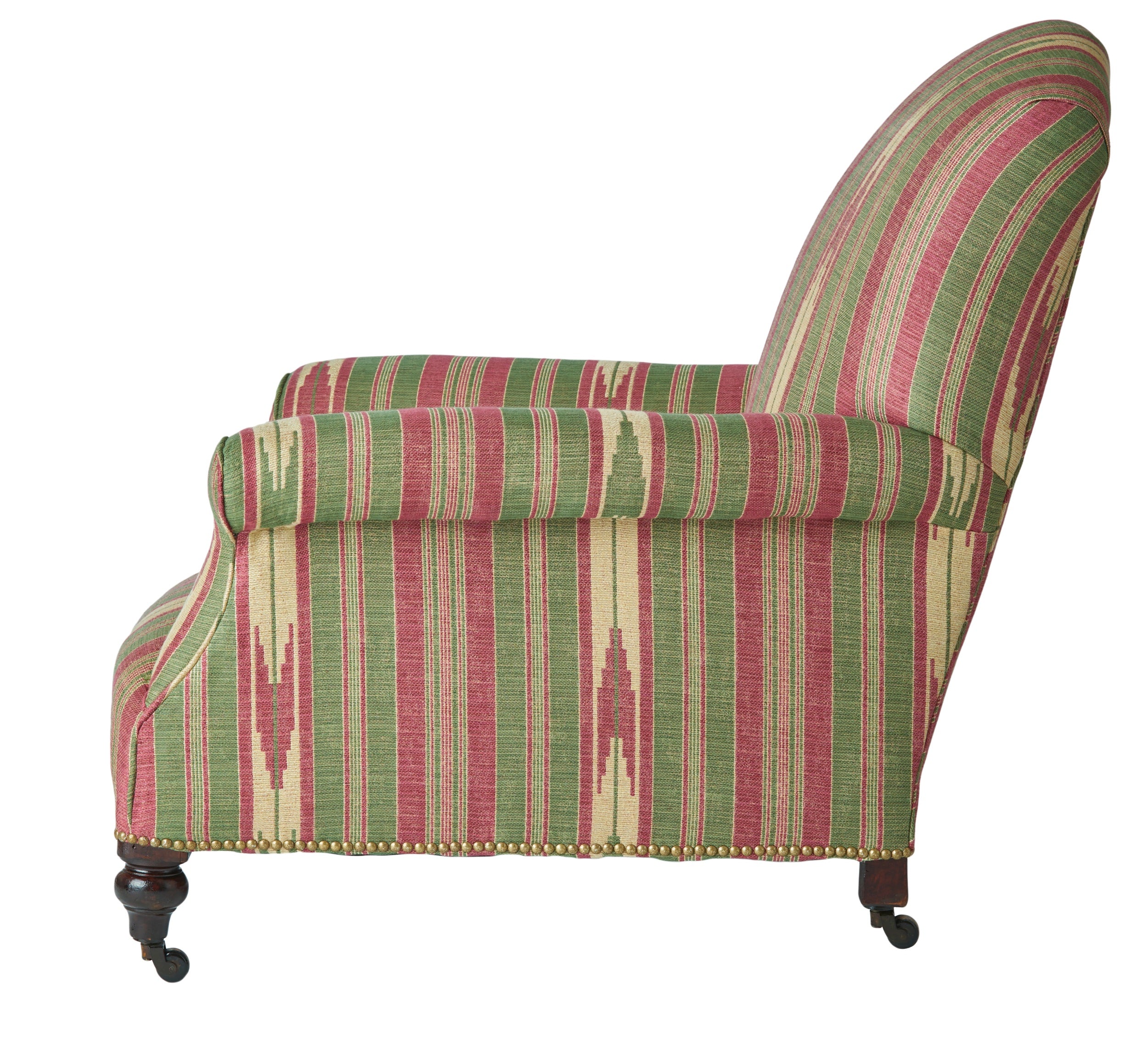 A Late 19th Century Low Armchair in Flora Soames Oulton Stripe