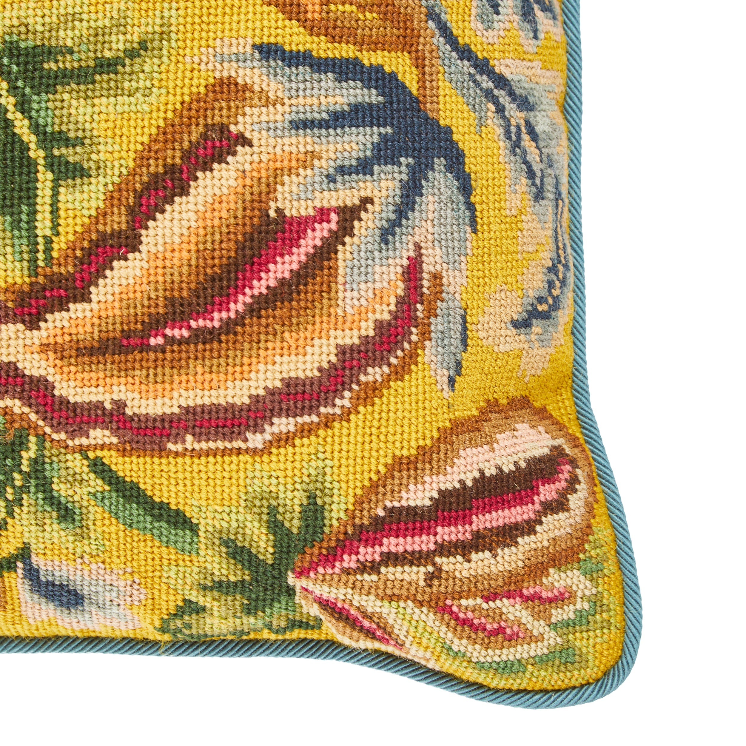 A Cushion made from Richly Coloured 20th Century English Needlework with Dark Teal Wool Piping