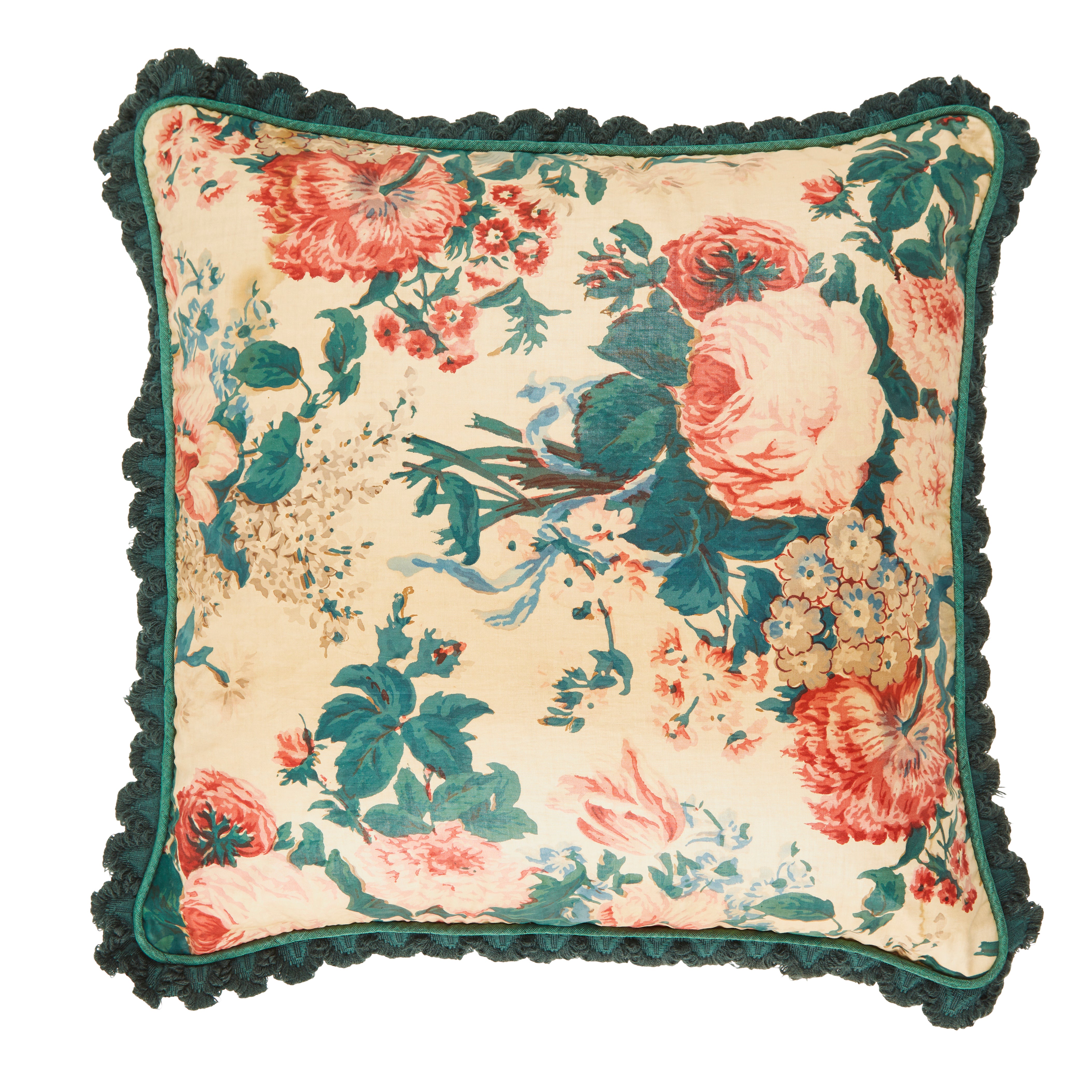 A Pair of Cushions made from 1920's English Glazed Floral Chintz with Moiré Piping and Scallop Fringe