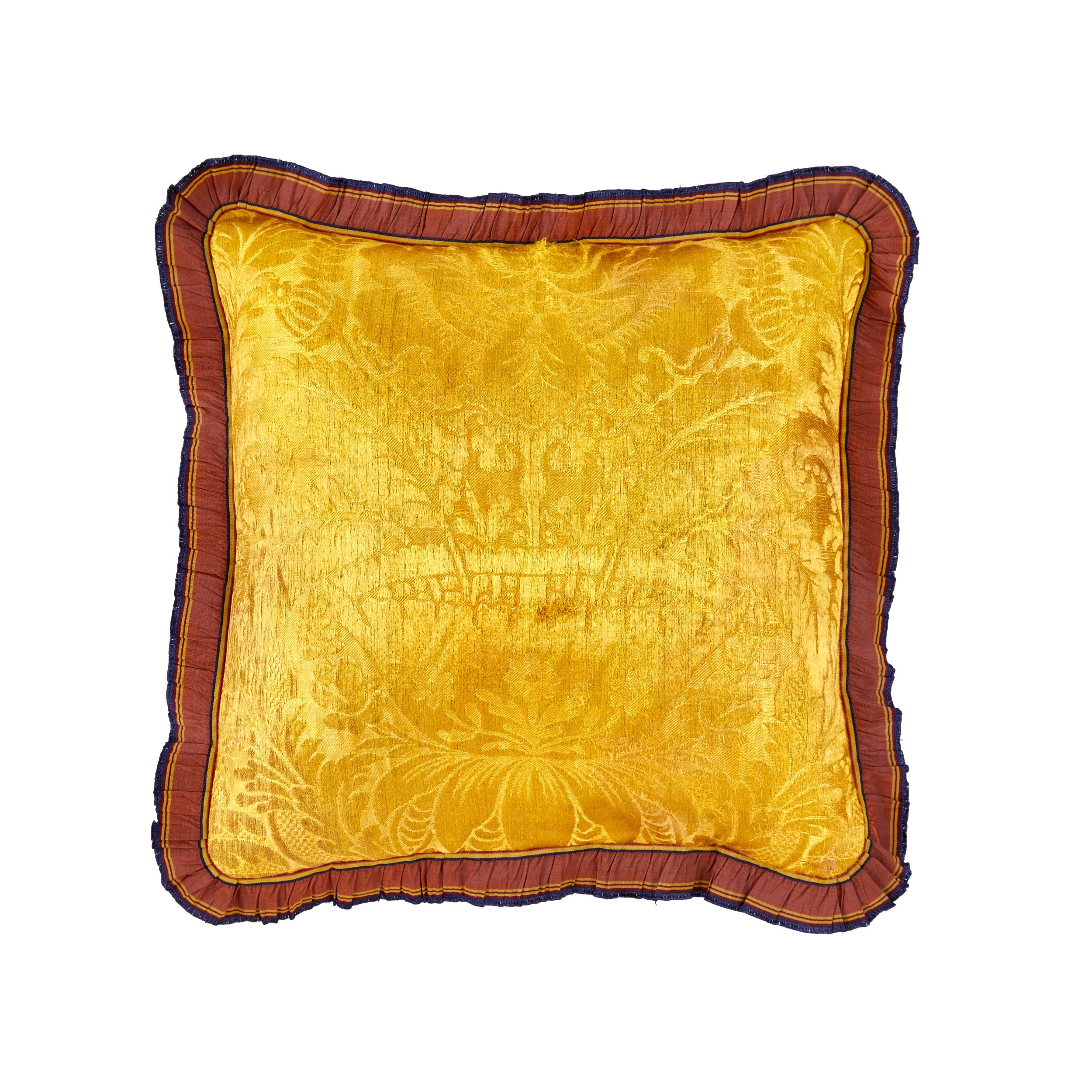 A Pair of Cushions made from 18th Century Gold Italian Silk Damask with an Antique French Grosgrain Ruffle Trim