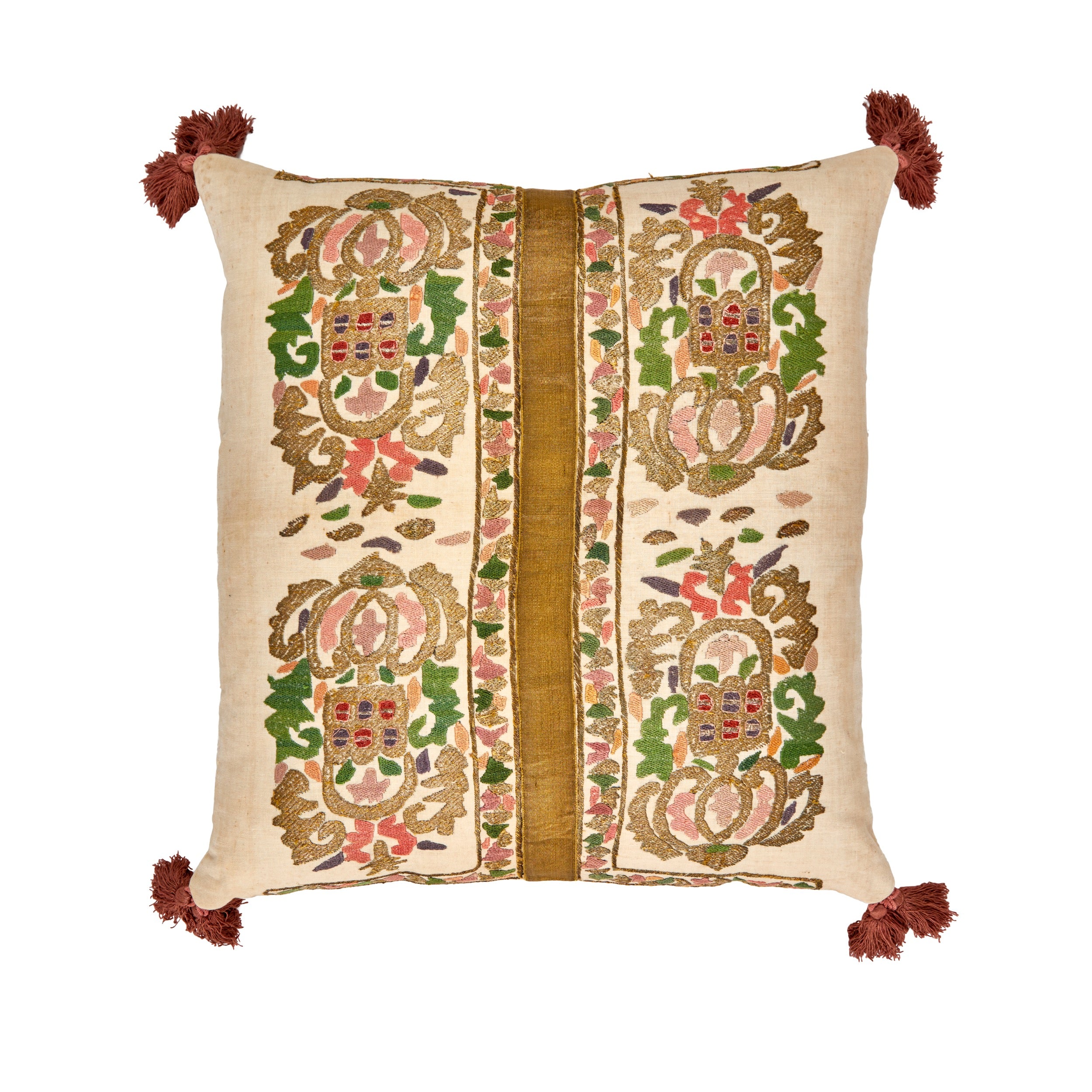 An Embroidered Ottoman Silk and Metallic Thread Cushion with Tassel Trims