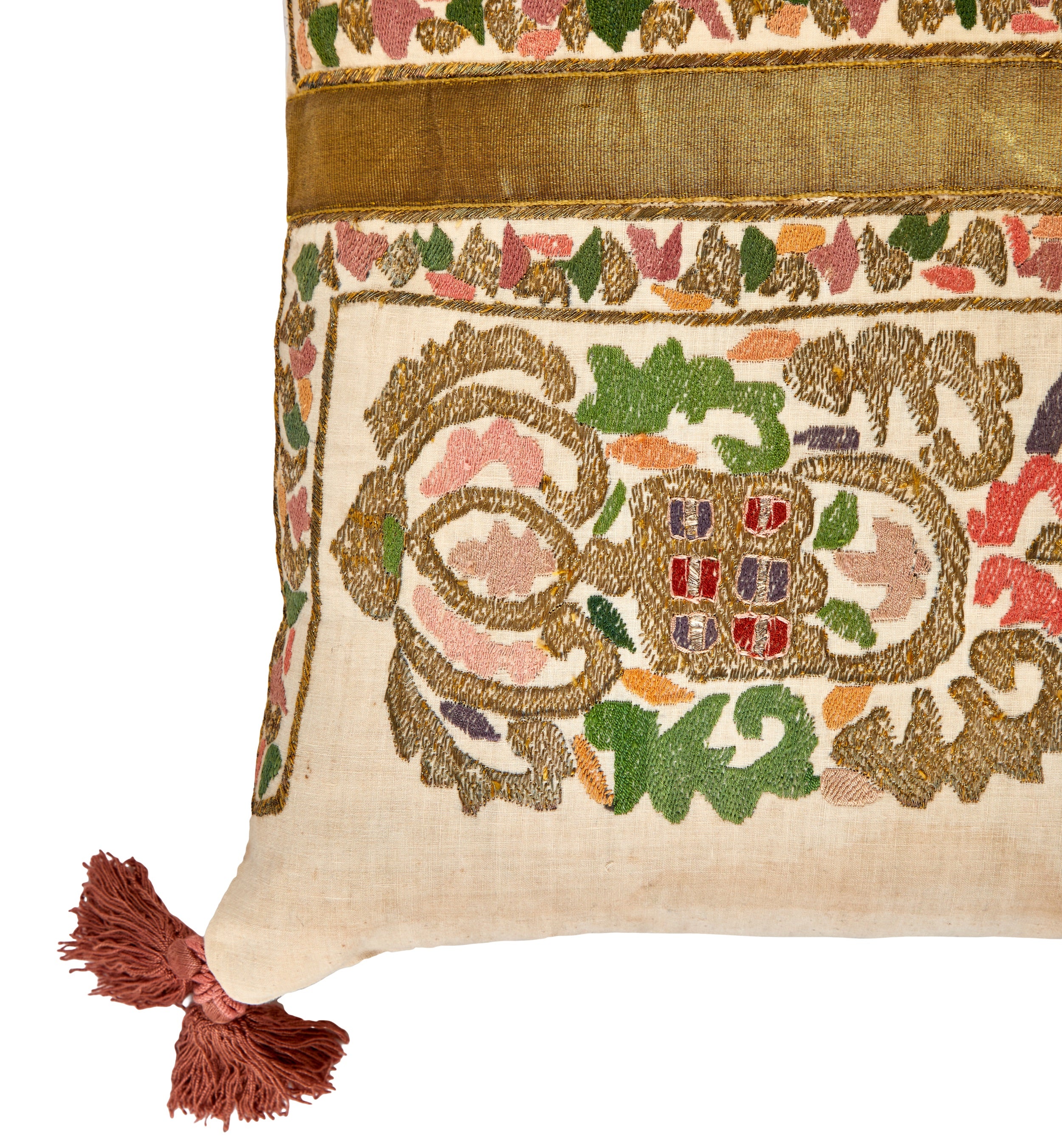 An Embroidered Ottoman Silk and Metallic Thread Cushion with Tassel Trims