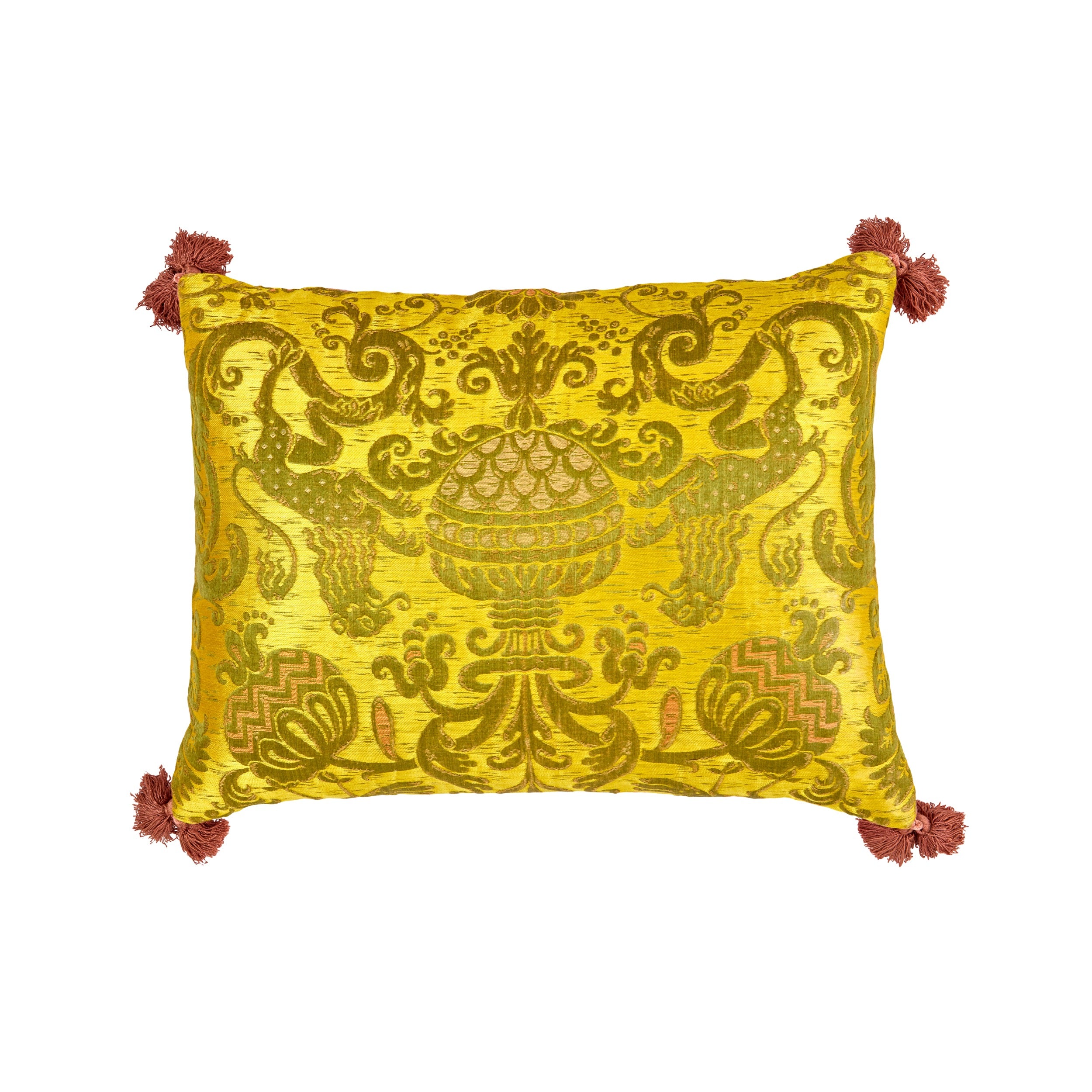 A Pair of Yellow Early 19th Century Italian Silk Brocade Cushions with Antique Rose Silk Tassels